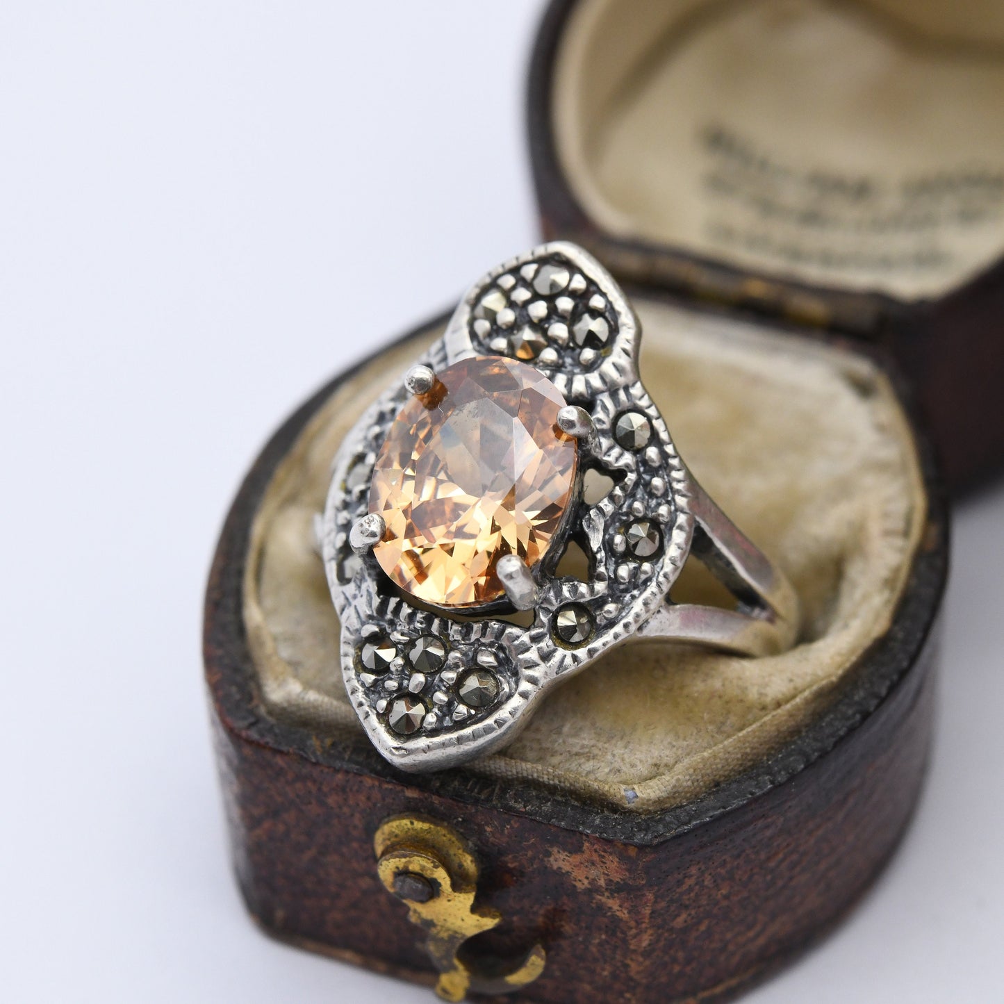 Vintage Sterling Silver Orange Gemstone Marcasite Ring - Statement Art Deco Style Cocktail Ring | UK Size - N | US Size - 6 3/4