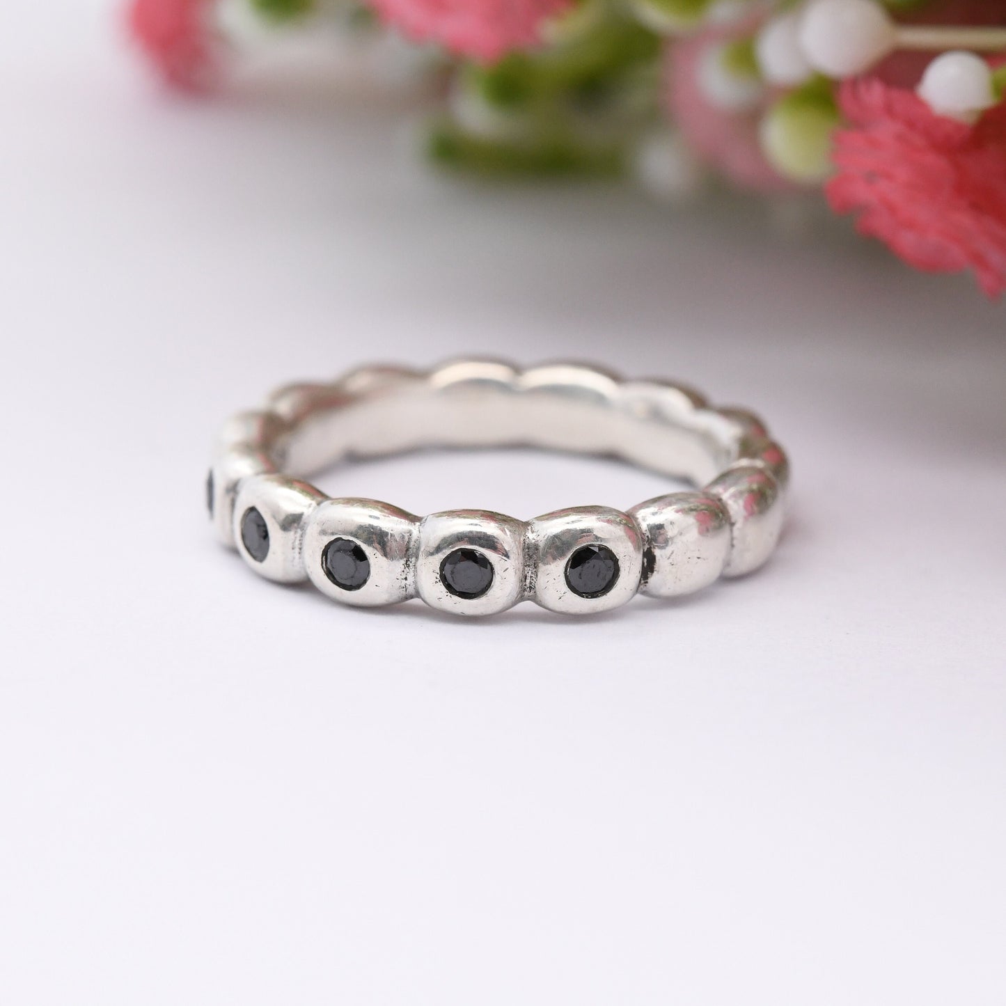 Pandora Sterling Silver Black Stone Half Eternity Ring with Bubble Band - Minimal Everyday Stacking Band | UK Size - O 1/2 | US Size - 7 1/2