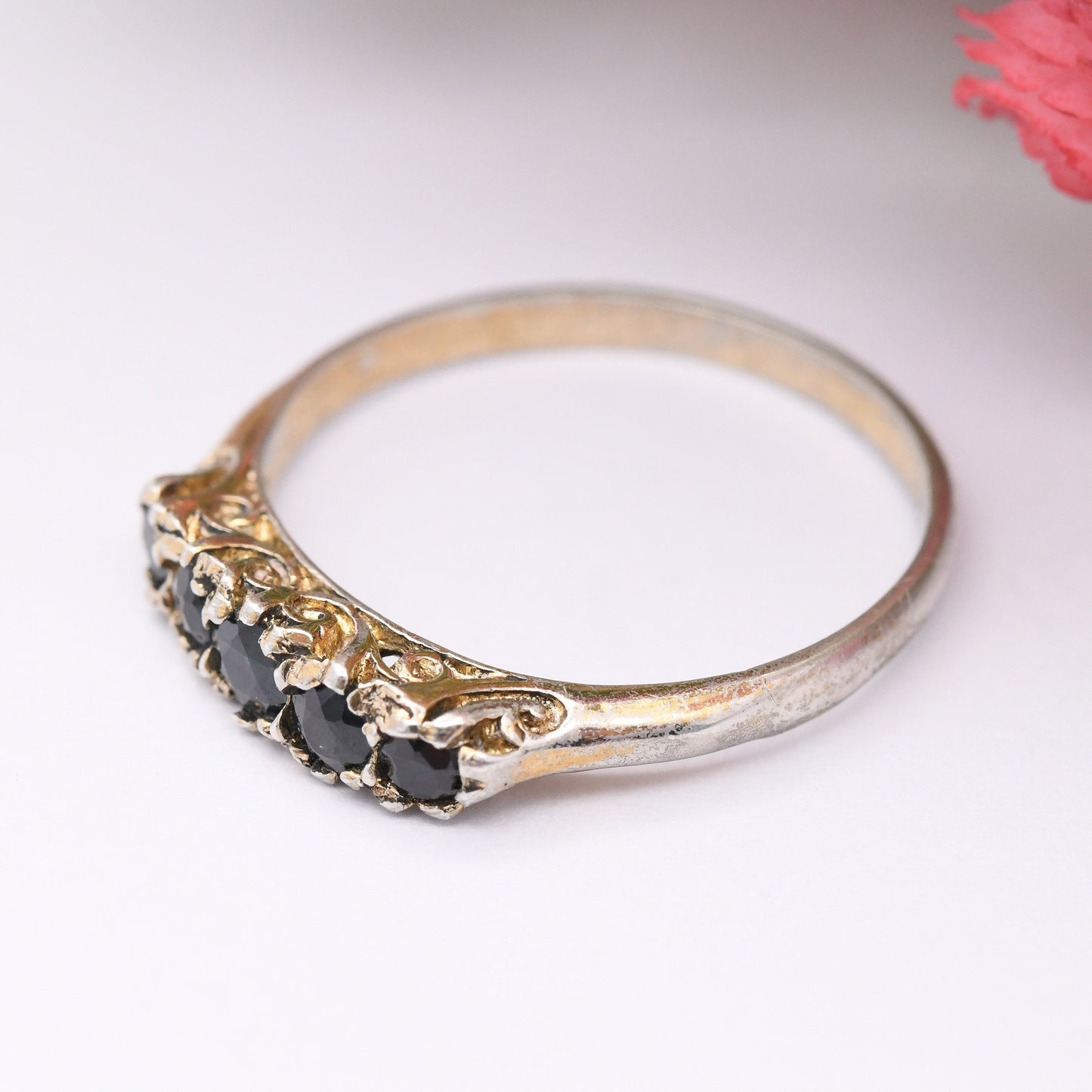 Vintage Sterling Silver Sapphire Five Stone Ring 1978 - Victorian Revival | Gold Plated | UK Size - S | US Size - 9