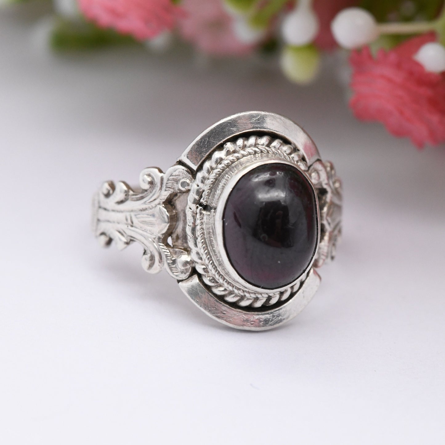 Vintage Silver Cabochon Garnet Ring Ornate Antique Design - Red Stone Statement Ring | UK Size - Q 1/2 | US Size - 8 1/4