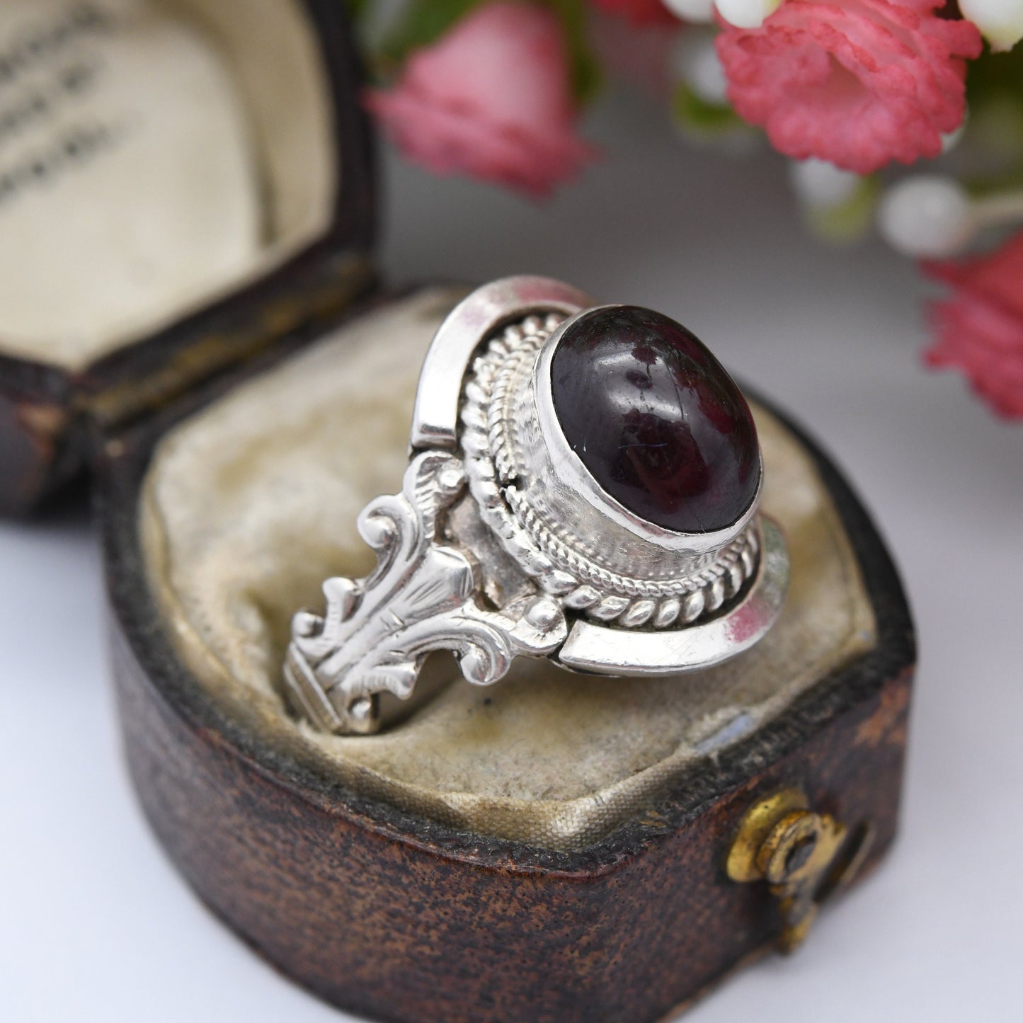 Vintage Silver Cabochon Garnet Ring Ornate Antique Design - Red Stone Statement Ring | UK Size - Q 1/2 | US Size - 8 1/4