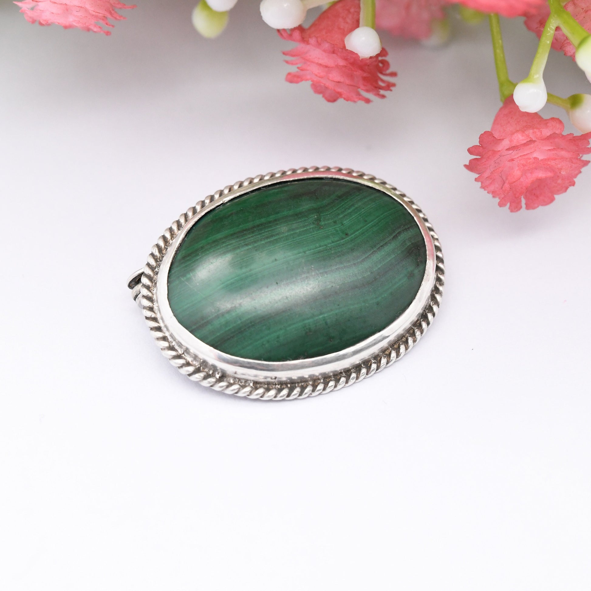 Vintage Sterling Silver Malachite Brooch - Stiped Green Gemstone | Mid-Century Rope Twist