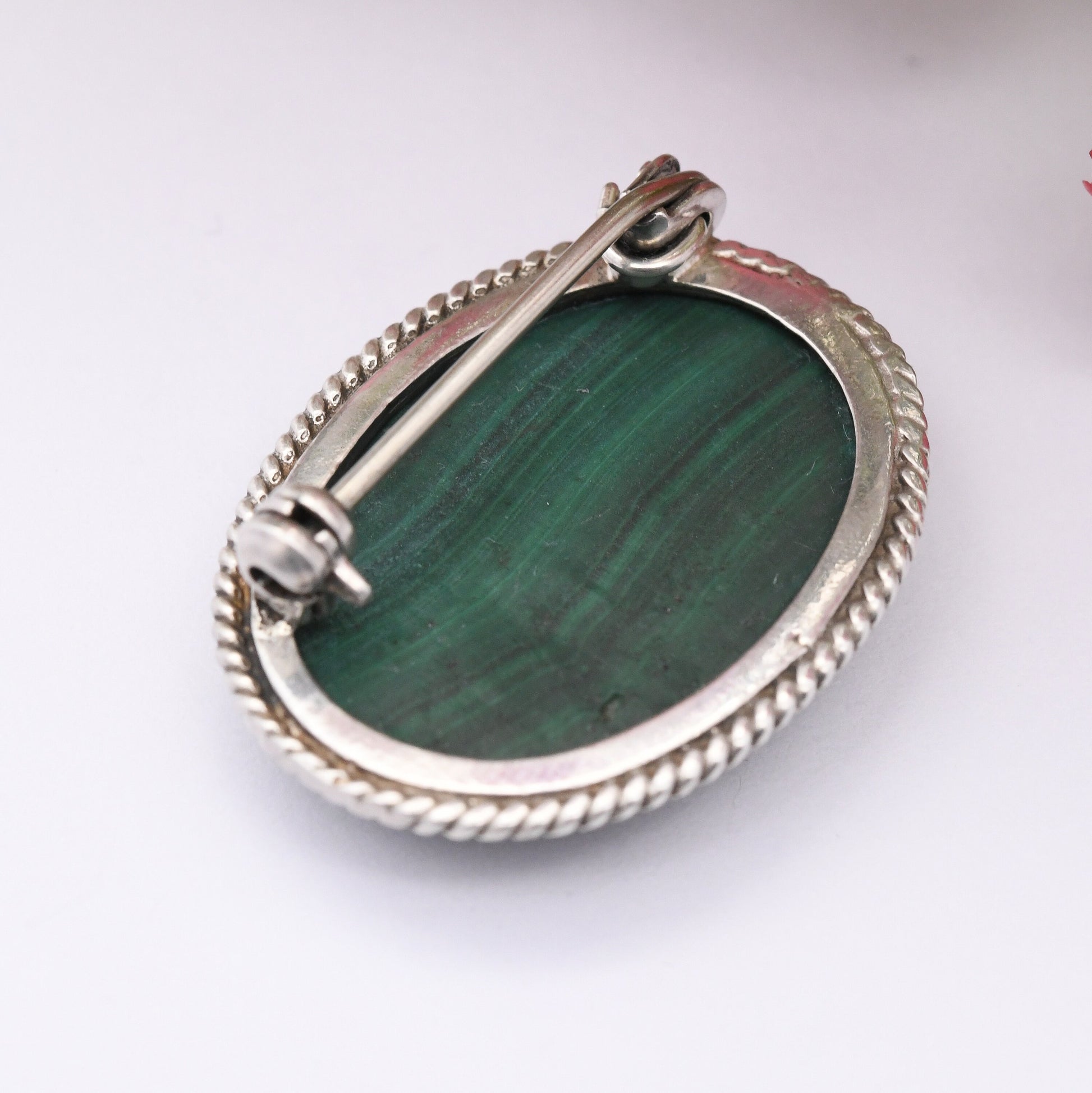 Vintage Sterling Silver Malachite Brooch - Stiped Green Gemstone | Mid-Century Rope Twist