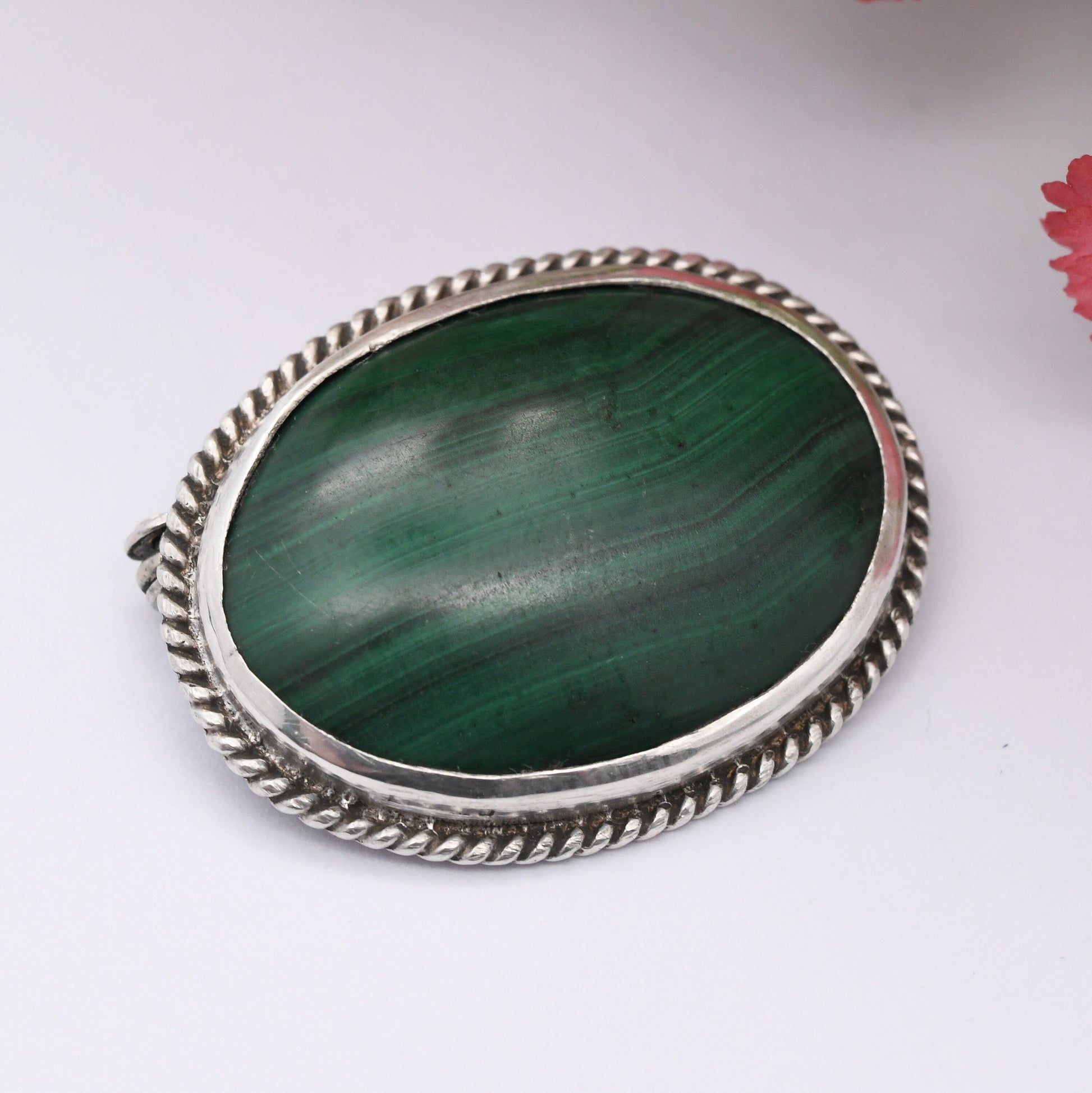 Vintage Sterling Silver Malachite Brooch - Stiped Green Gemstone | Mid-Century Rope Twist