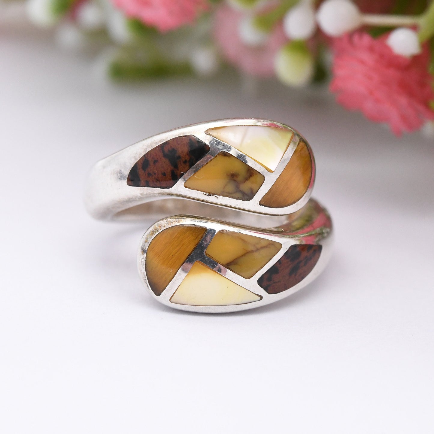 Whitney Kelly Sterling Silver Brown Gemstone Ring 2005 - Chunky Statement Bypass | Tiger's Eye Jasper Shell | UK Size - M | US Size - 6 1/4