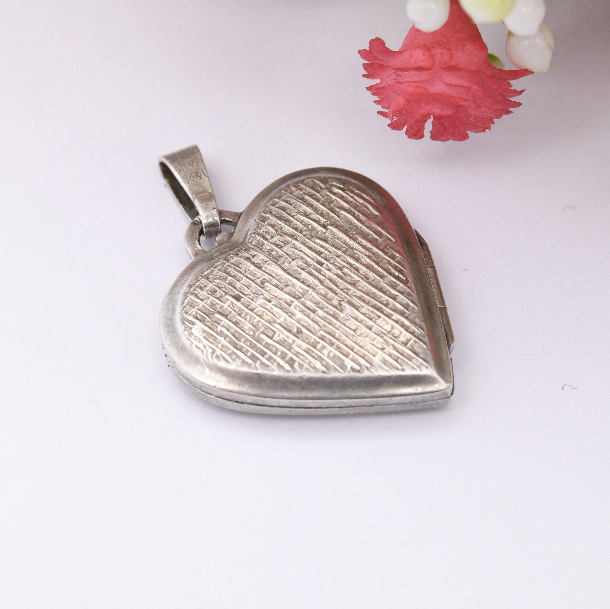 Vintage Sterling Silver Heart Locket Pendant with Flower Design by Kordes and Lichtenfels K&L - Love Heart Shape Locket Pretty Gift for Her