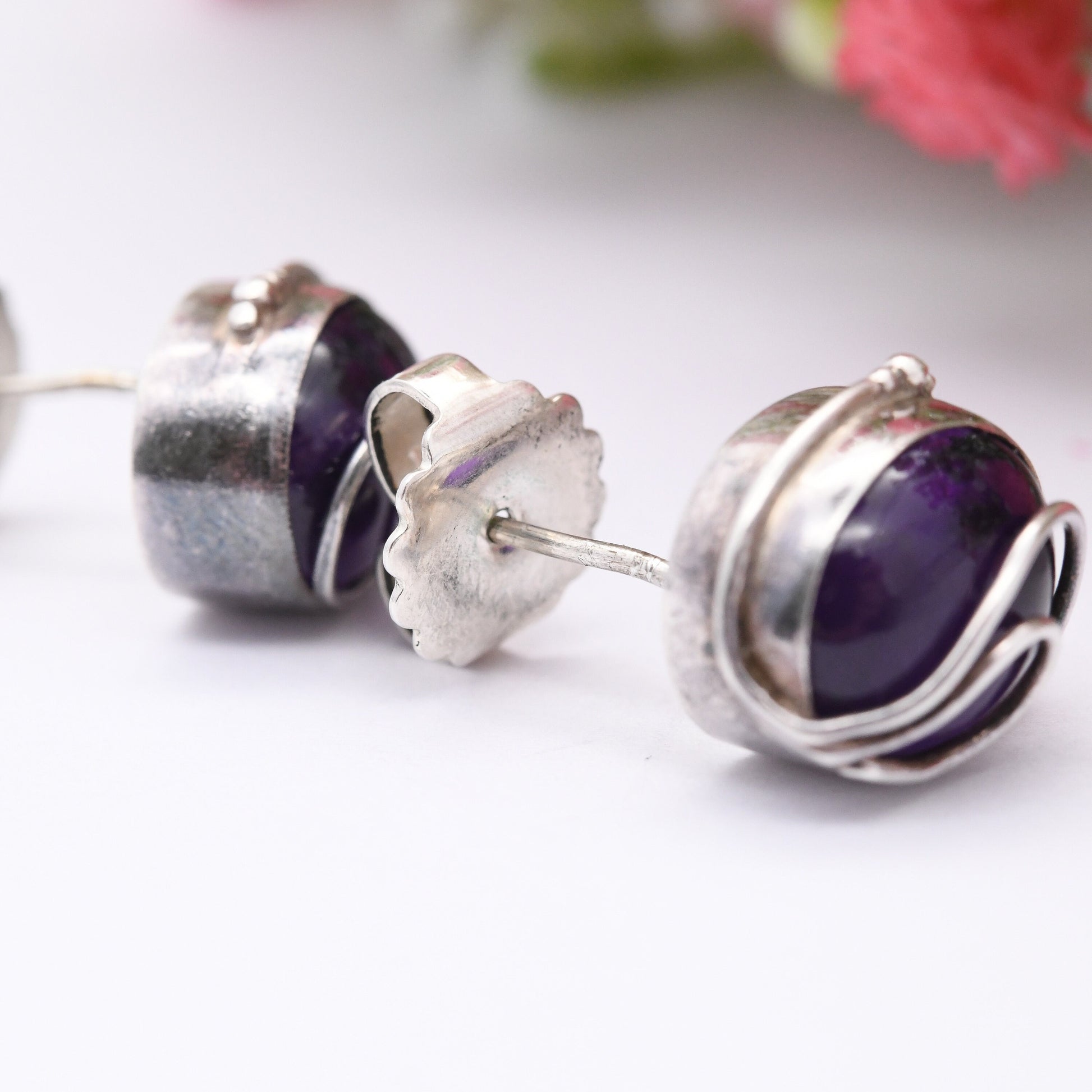 Vintage Sterling Silver Amethyst Stud Earrings - Large Chunky Studs | Purple Gemstones with Silver Swirls