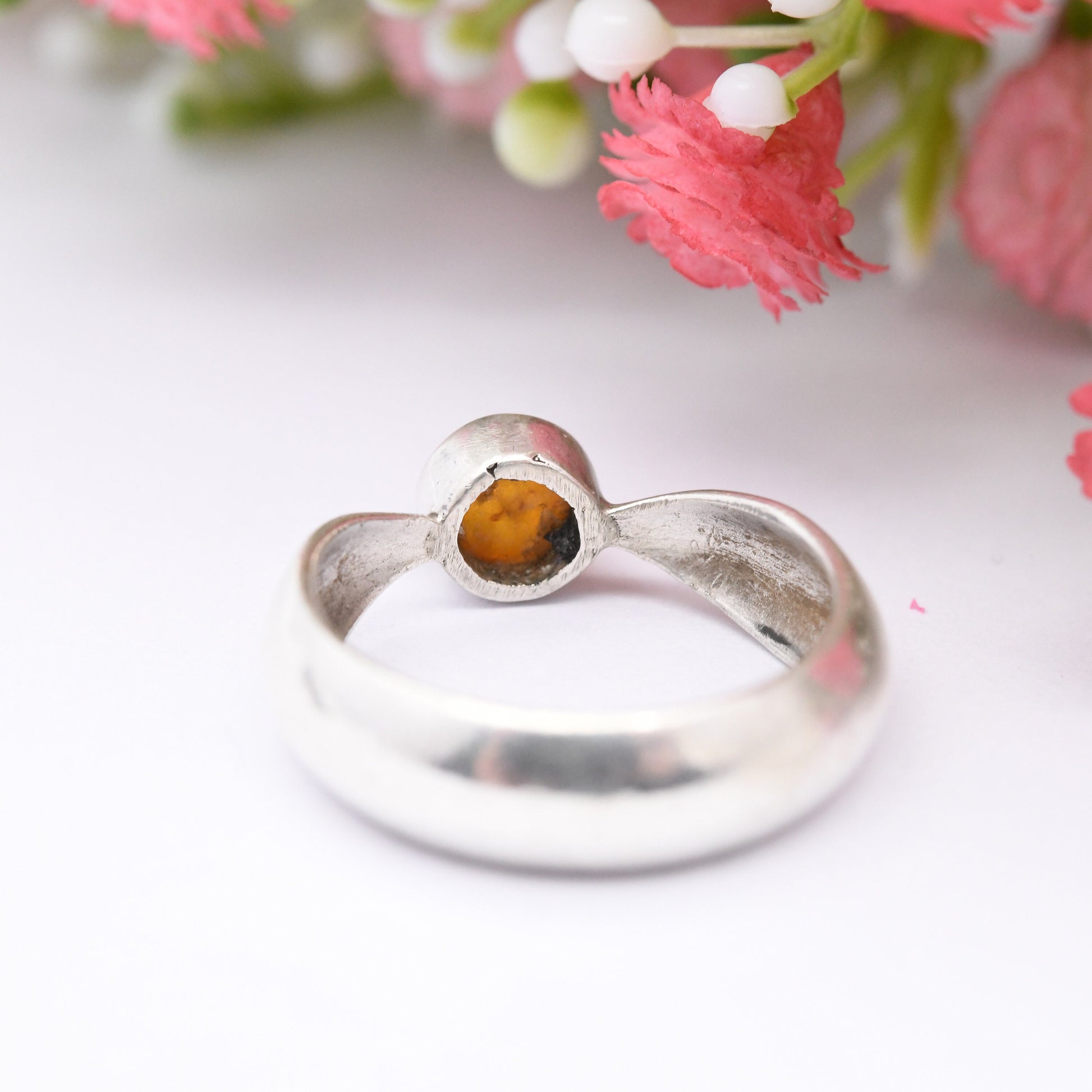 Vintage Sterling Silver Amber Ring Tapered Solitaire - UK Size - N | US Size - 6 3/4