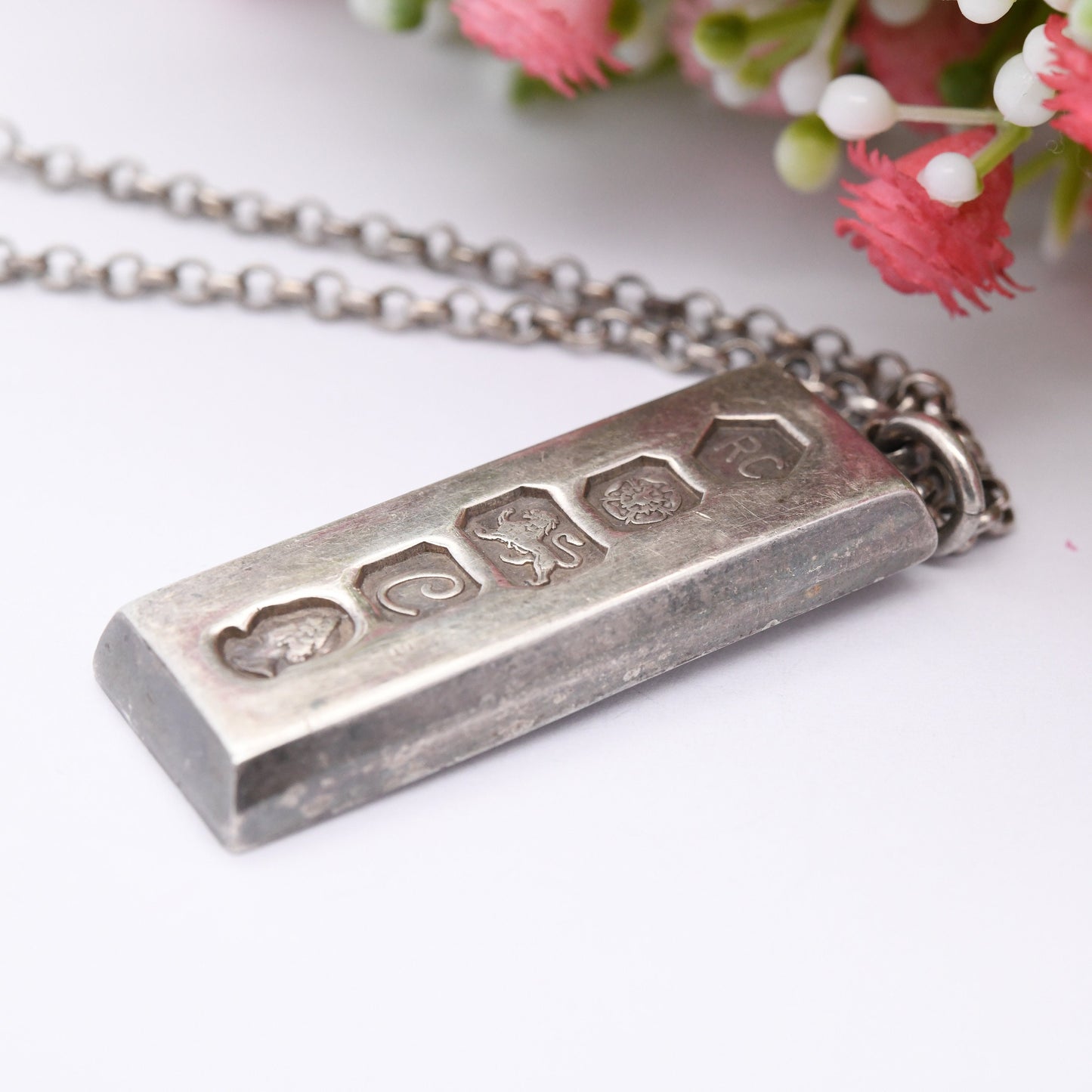 Vintage Sterling Silver Ingot Pendant 1977 with Queen Elizabeth II Silver Jubilee Stamp - Hallmark Carrs of Sheffield | Mid-Century Necklace