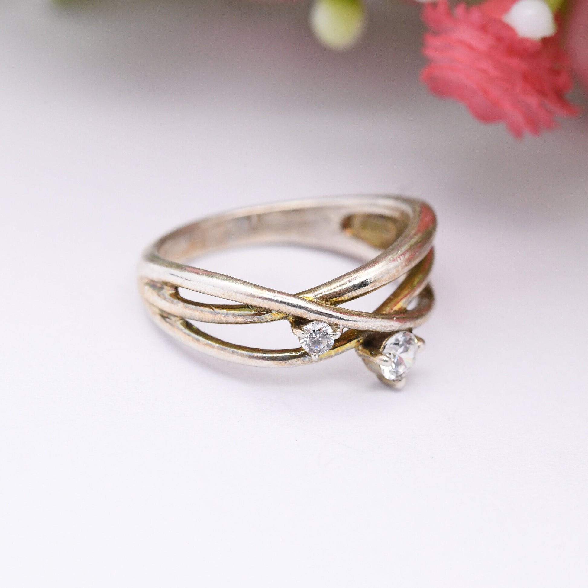 Vintage Sterling Silver CZ Crossed Band Ring - Y2K Twisted Design | Two Stones | UK Size - I 1/2 | US Size - 4 1/2