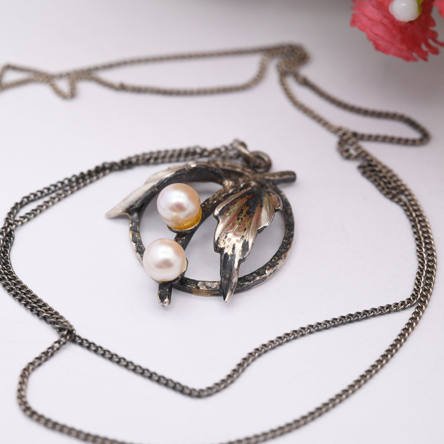 Vintage Sterling Silver Pearl Leaf Pendant Necklace - Mid-Century | Double Cultured Pearls | Pretty Silver Jewellery Gift