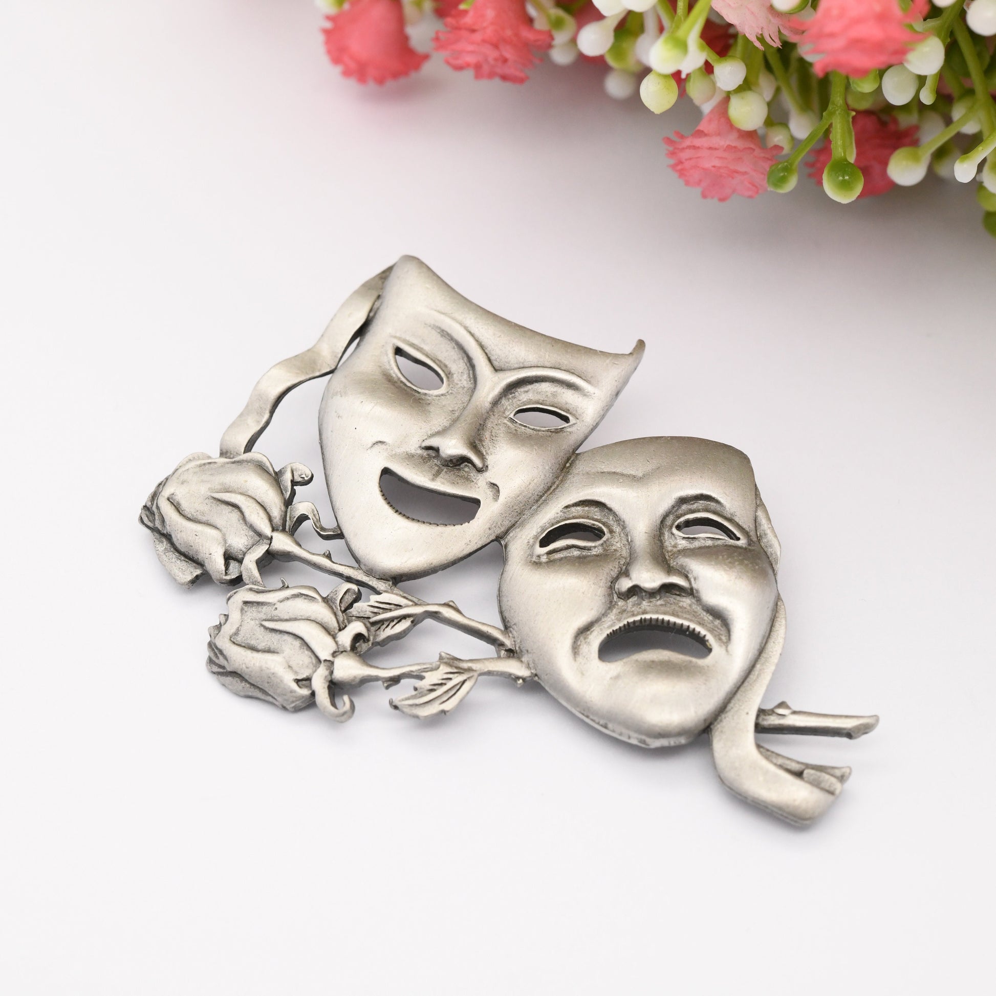 Vintage JJ Pewter Theatre Masks Brooch - Large Dramatic Faces Roses | Thalia and Melpomene Happy and Sad | Silver Tone