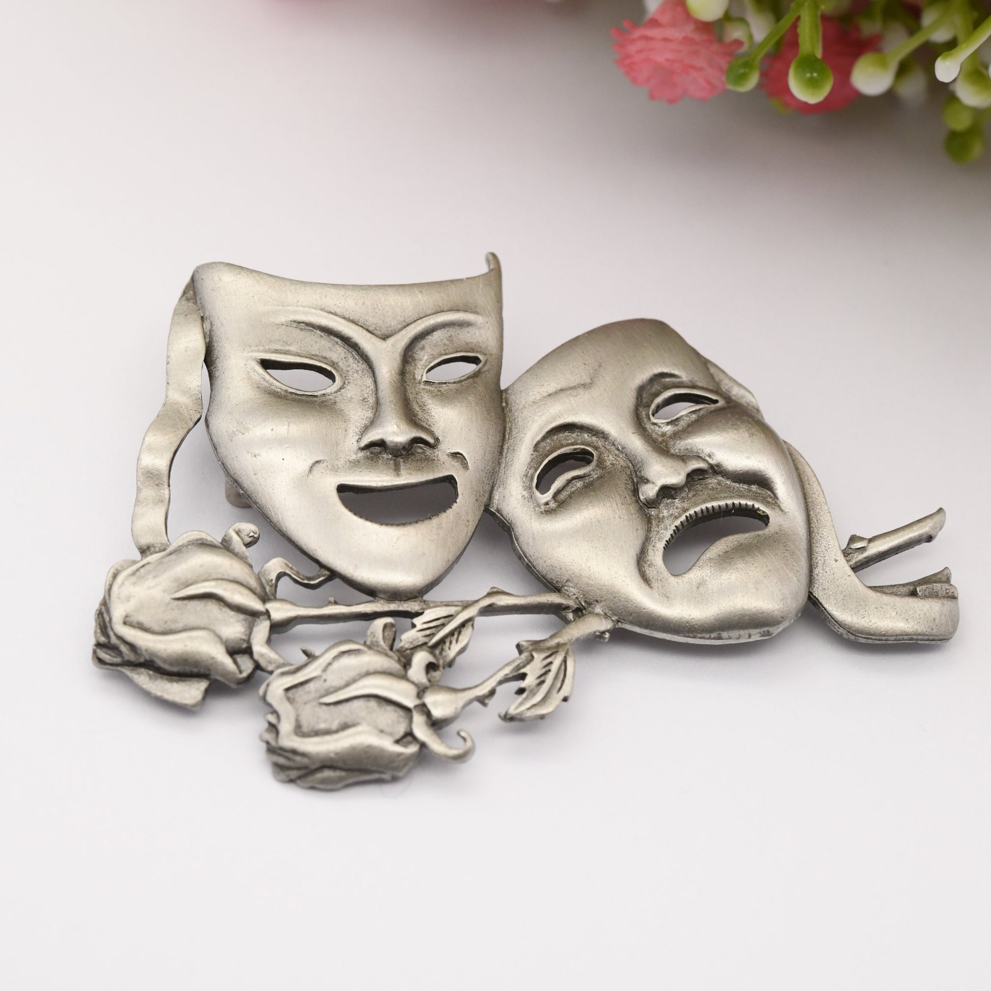 Vintage JJ Pewter Theatre Masks Brooch - Large Dramatic Faces Roses | Thalia and Melpomene Happy and Sad | Silver Tone