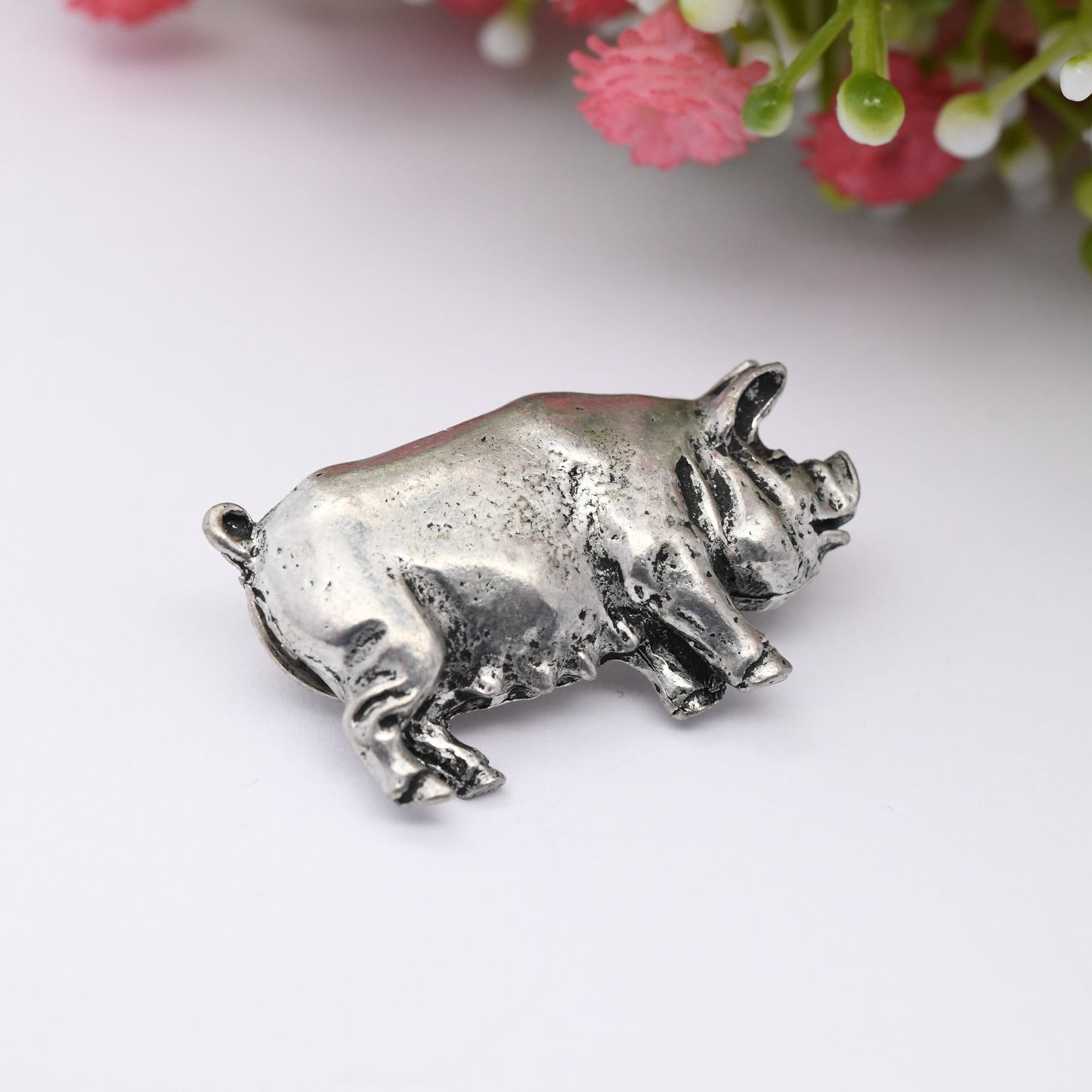 Vintage Pewter Pig Brooch Pin Badge - Signed POP | Silver Tone