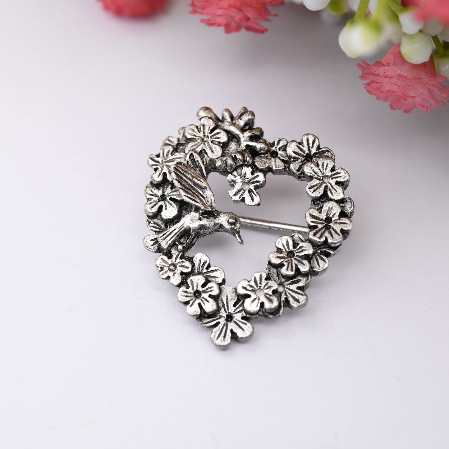 Vintage MASJ Pewter Hummingbird Flower Brooch 1990 - Openwork Heart Wreath Brooch | Silver Tone | Maureen Ann Story-Jones