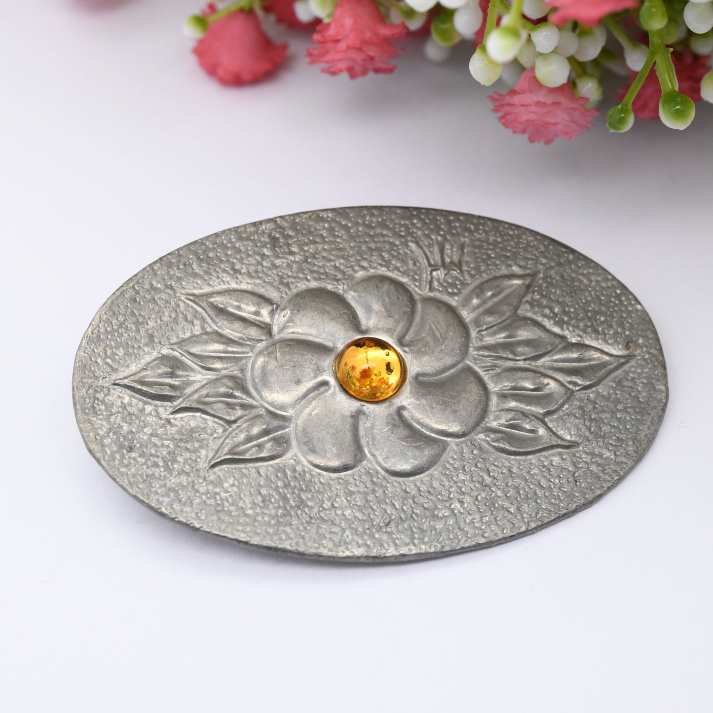 Vintage Pewter Art Nouveau Style Flower Brooch - Signed MH | Silver Tone | Glass Orange Stone