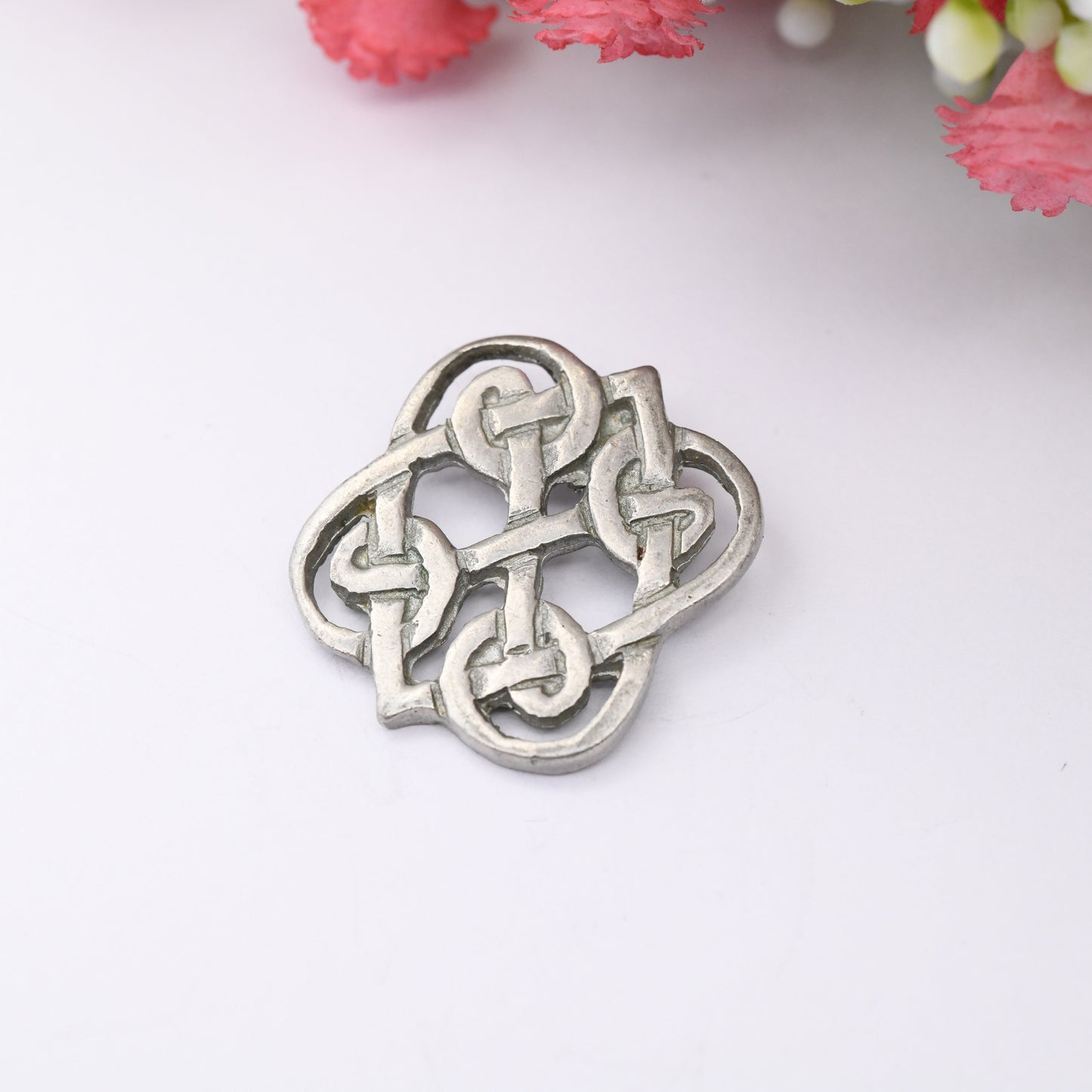 Vintage Pewter Celtic Cross Pendant - Quatrefoil Celtic Knot Design Twisted