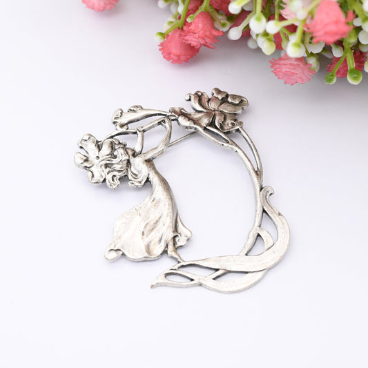 Vintage Art Nouveau Style Fairy Brooch - Large Openwork Flower and Girl Brooch | Silver Tone