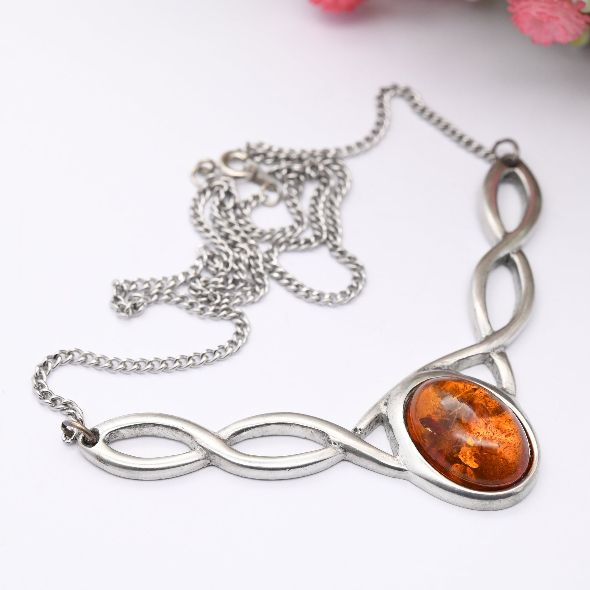 Vintage St Justin Pewter Amber Pendant Necklace - Celtic Knot Twist Design | Statement Costume Jewellery