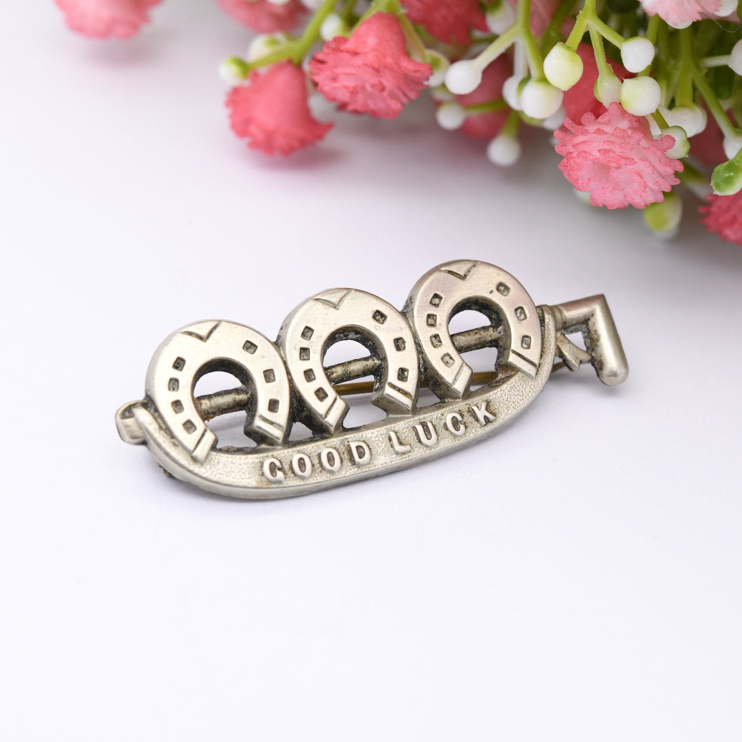 Antique Good Luck Horseshoe Brooch - Victorian Lucky Symbol Jewellery | Silver Tone