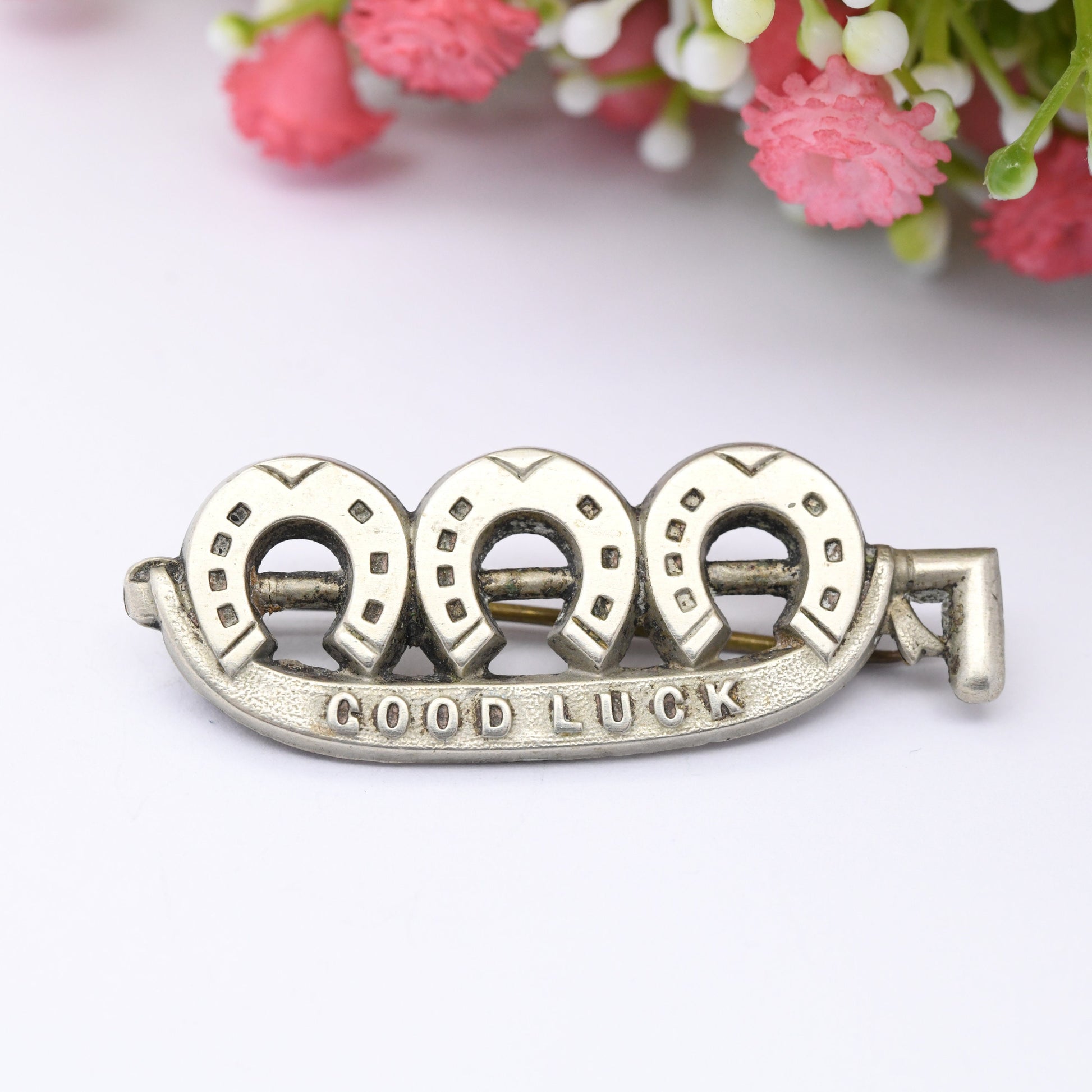 Antique Good Luck Horseshoe Brooch - Victorian Lucky Symbol Jewellery | Silver Tone