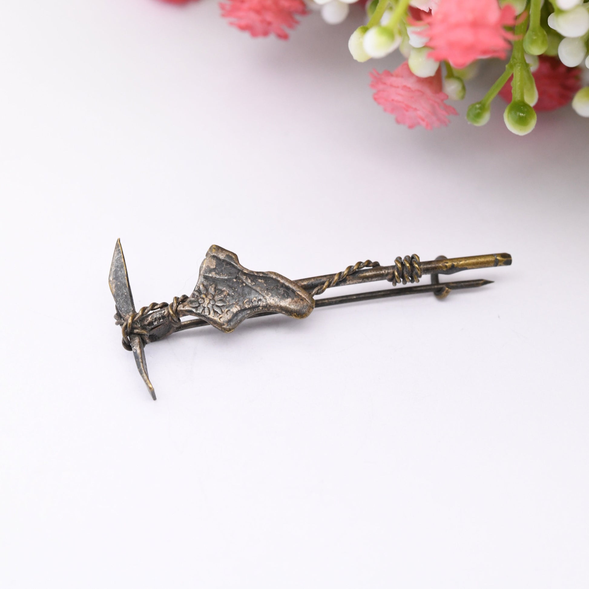 Antique Austrian Pickaxe and Edelweiss Boot Bar Brooch - Vintage Souvenir Jewellery