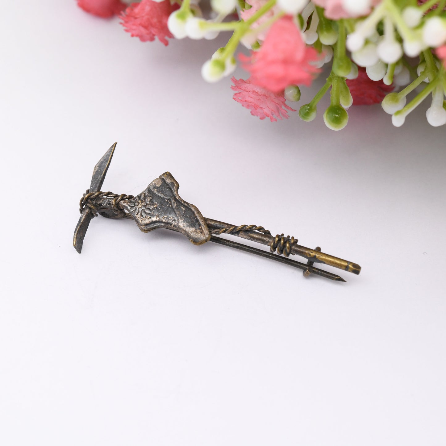 Antique Austrian Pickaxe and Edelweiss Boot Bar Brooch - Vintage Souvenir Jewellery