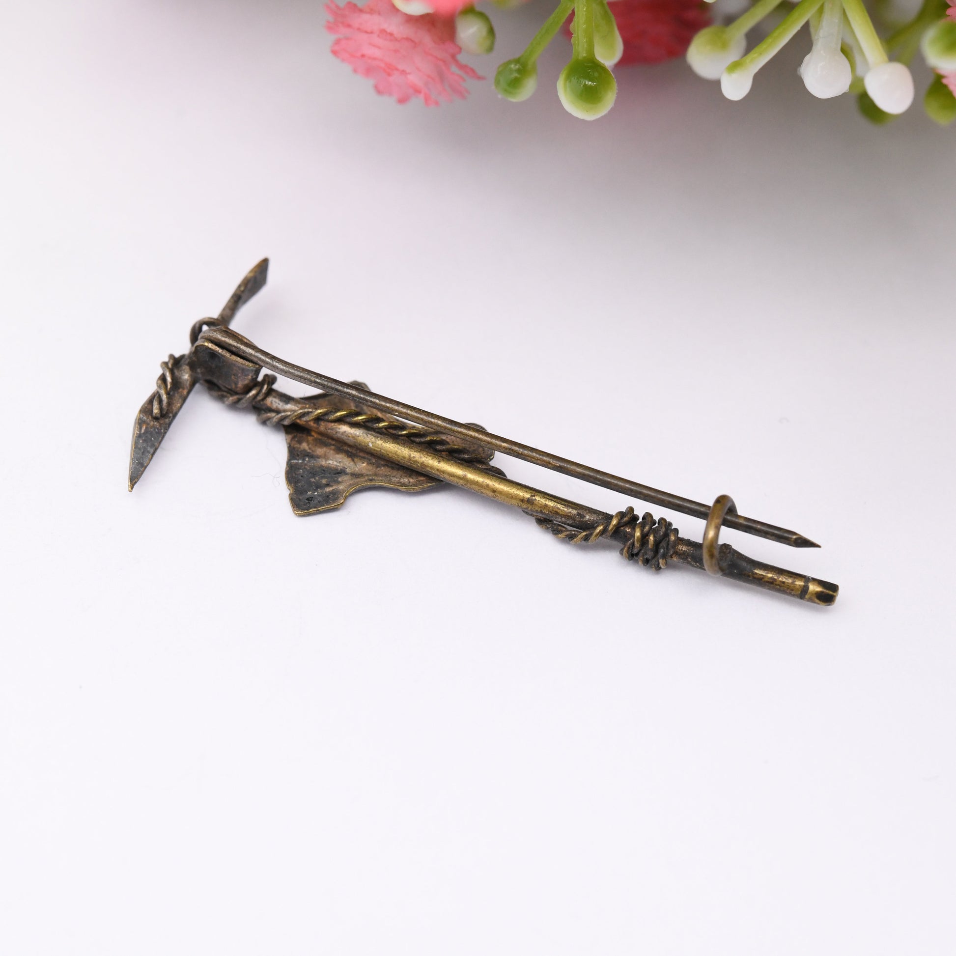 Antique Austrian Pickaxe and Edelweiss Boot Bar Brooch - Vintage Souvenir Jewellery