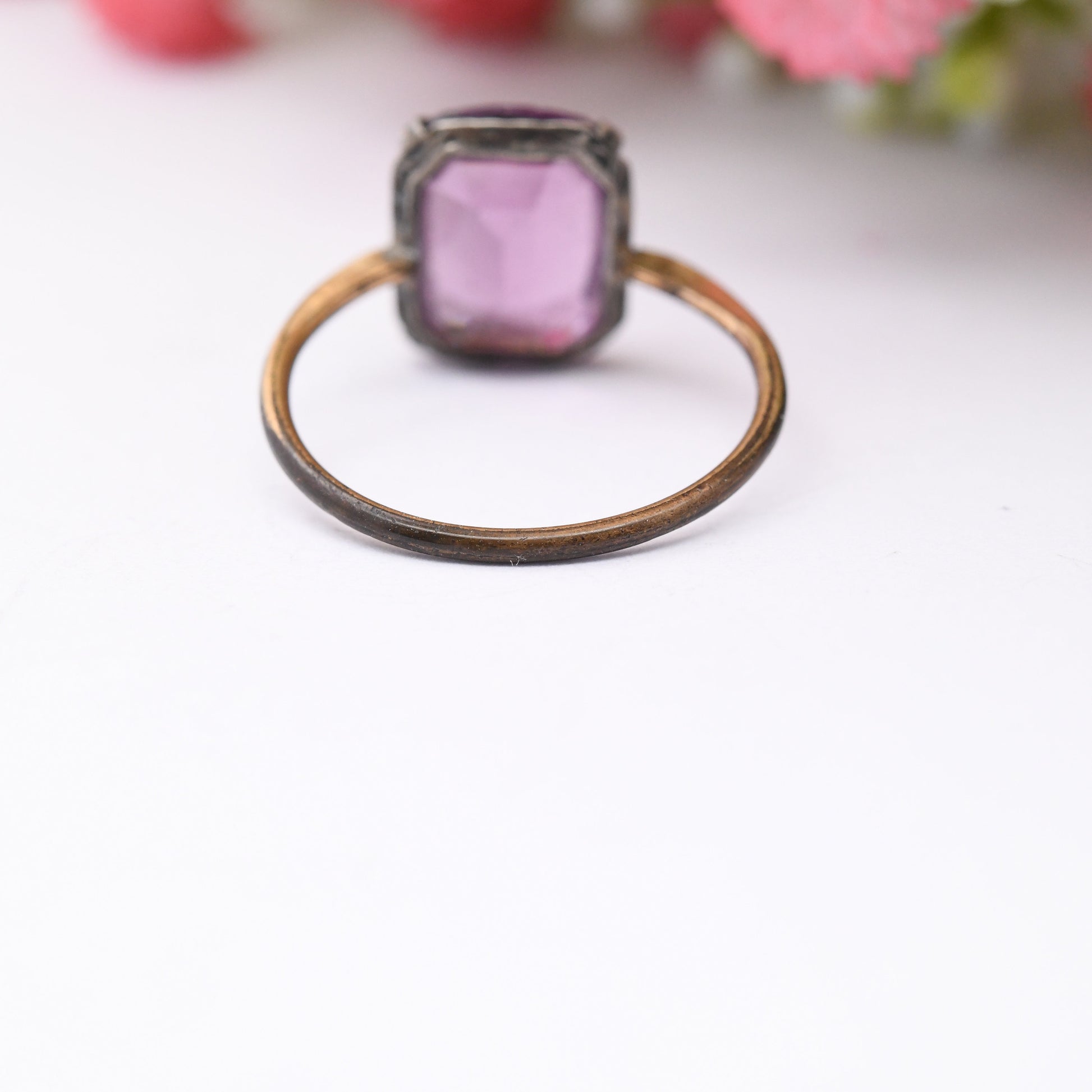 Antique Rolled Gold Ring with Amethyst Paste Stone - Art Deco Costume Jewellery | UK Size - O | US Size - 7