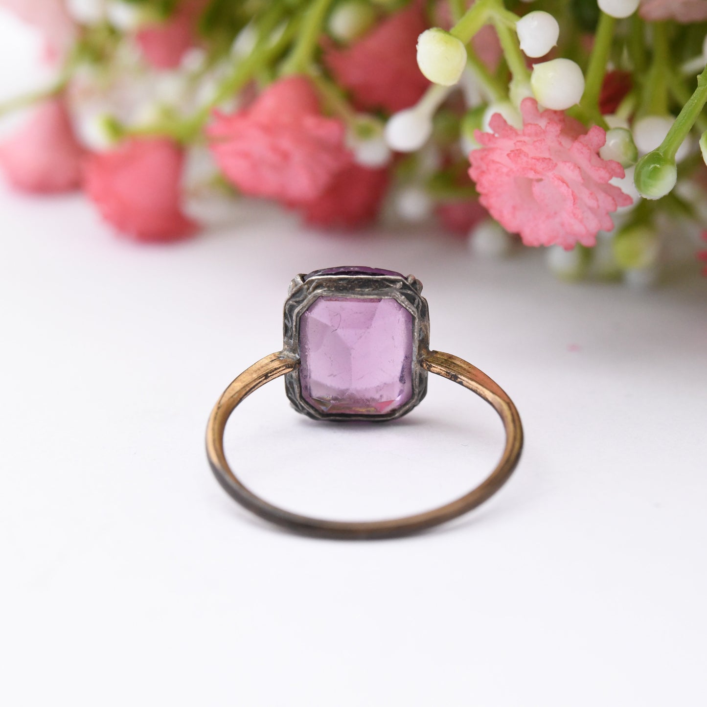 Antique Rolled Gold Ring with Amethyst Paste Stone - Art Deco Costume Jewellery | UK Size - O | US Size - 7