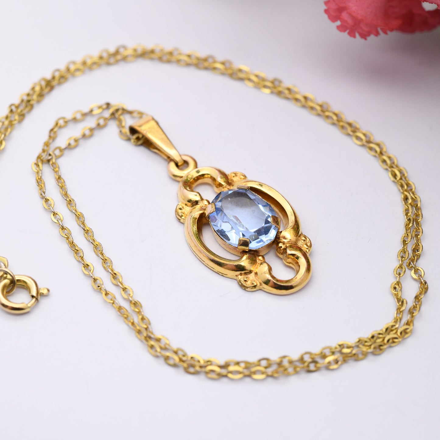 Vintage Gold Plated Pendant Necklace with Blue Paste Stone on Trace Chain - Mid-Century Costume Jewellery