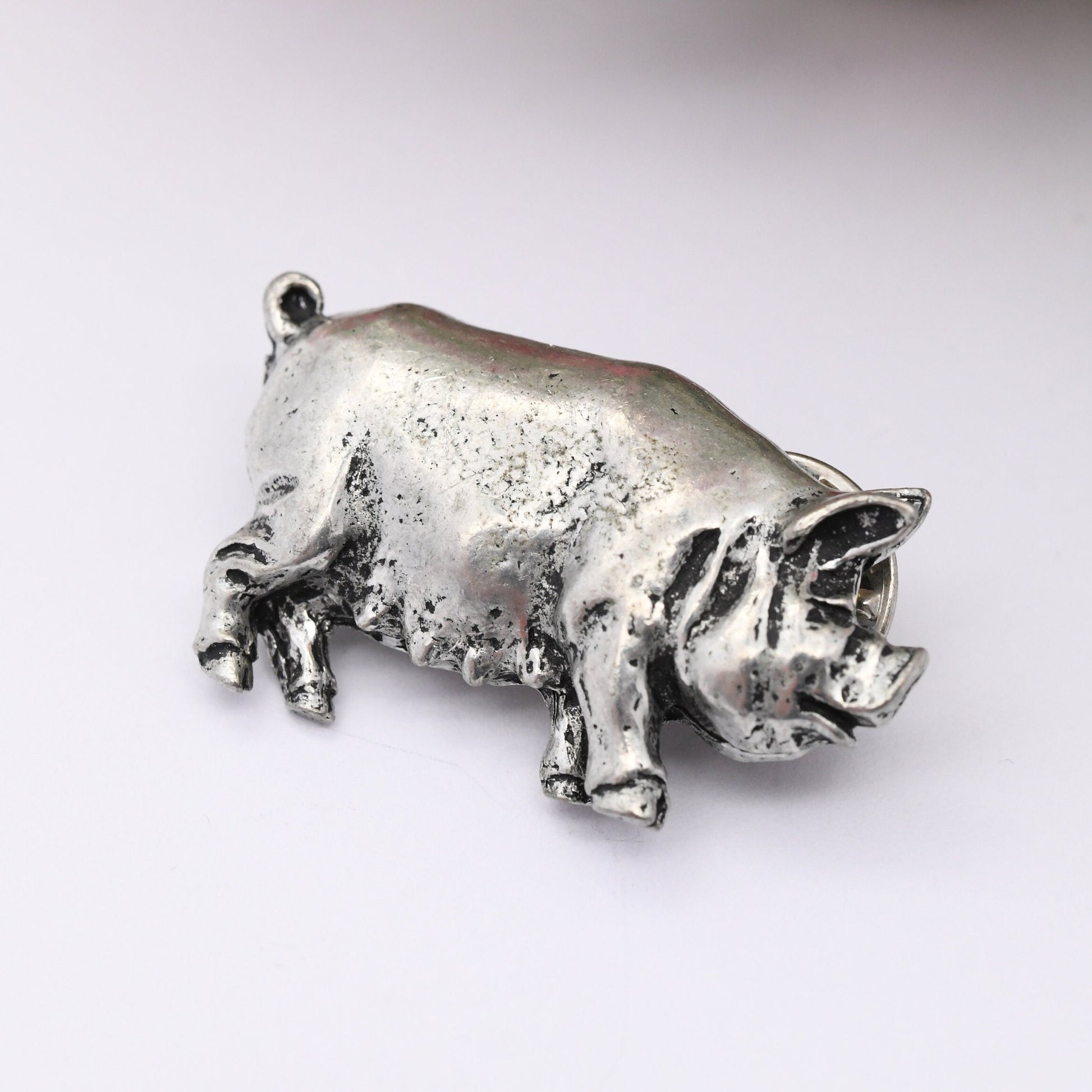 Vintage Pewter Pig Brooch Pin Badge - Signed POP | Silver Tone