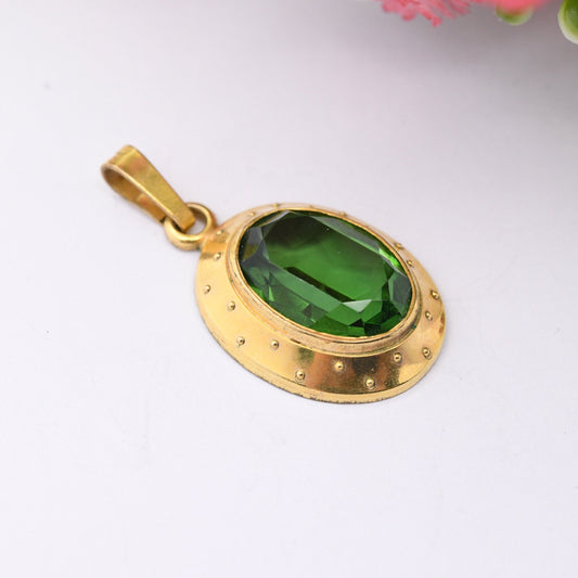 Vintage Andreas Daub Rolled Gold Pendant A*D - Mid-Century Large Green Paste Stone | German Designer