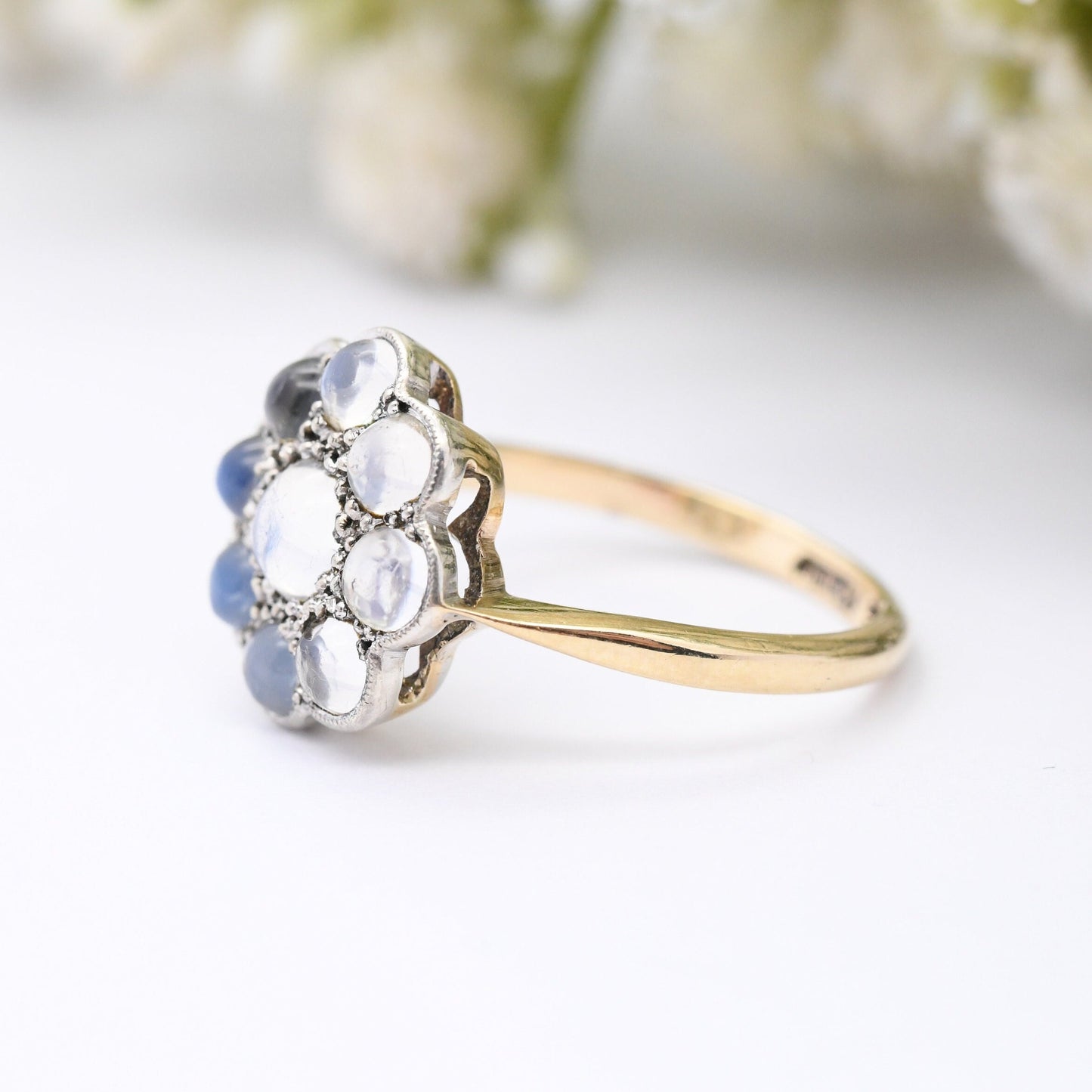 Antique 9ct Gold Moonstone Flower Ring - Edwardian Floral Cluster Ring | Statement Cocktail Jewellery | UK Size - P | US Size - 7 1/2