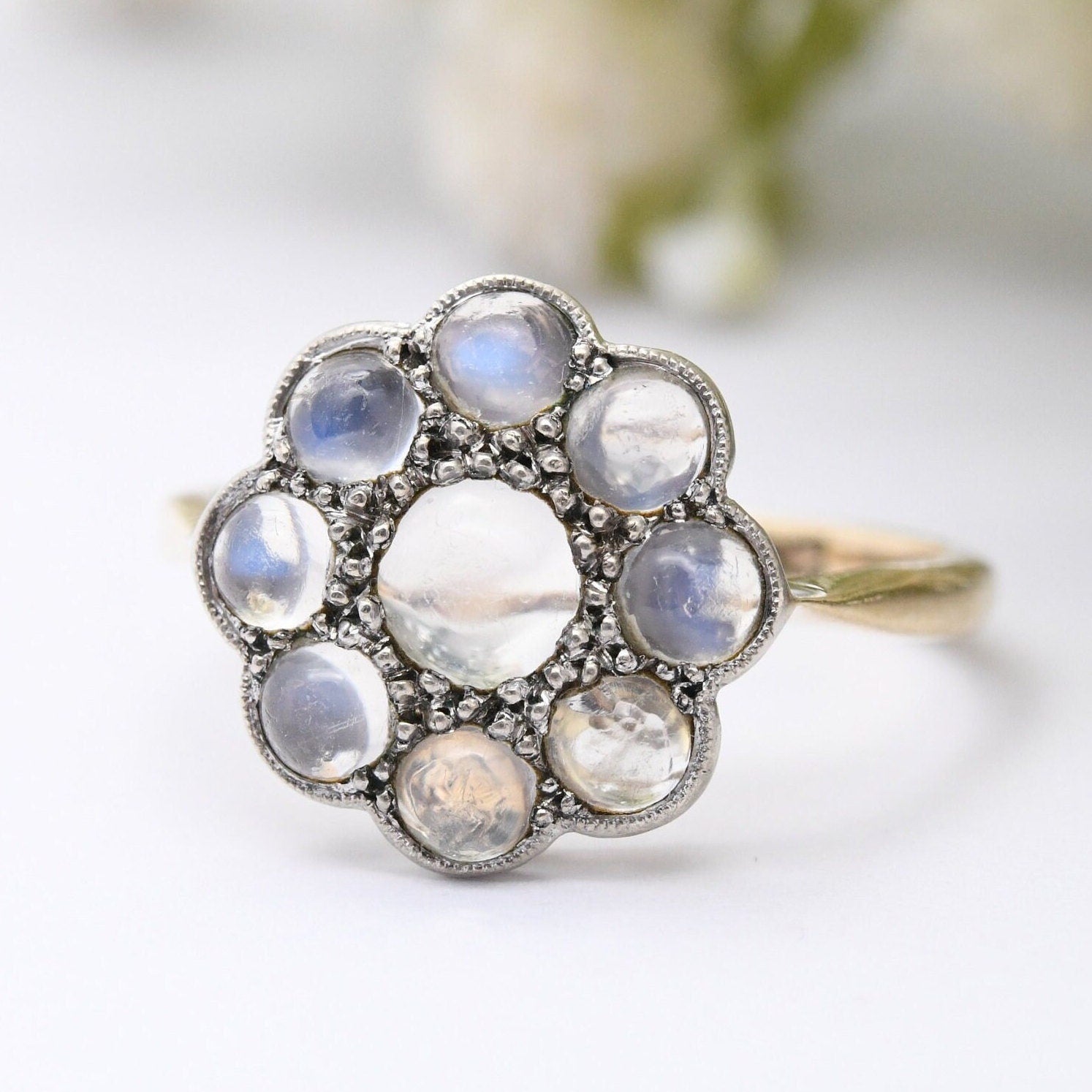 Antique 9ct Gold Moonstone Flower Ring - Edwardian Floral Cluster Ring | Statement Cocktail Jewellery | UK Size - P | US Size - 7 1/2