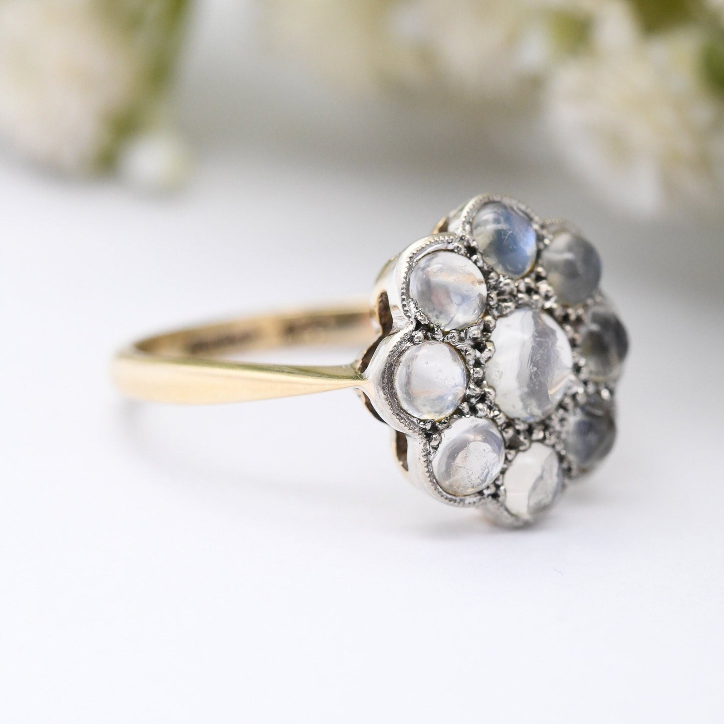 Antique 9ct Gold Moonstone Flower Ring - Edwardian Floral Cluster Ring | Statement Cocktail Jewellery | UK Size - P | US Size - 7 1/2