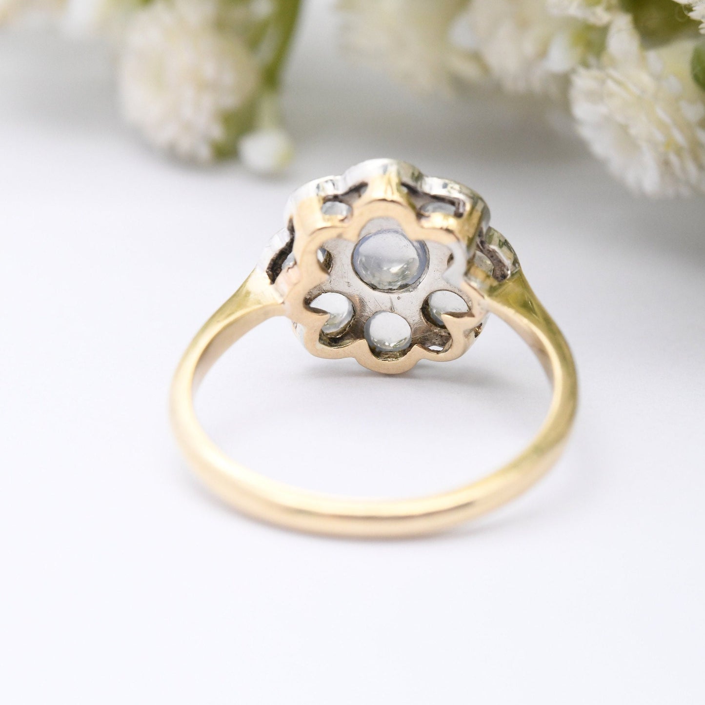 Antique 9ct Gold Moonstone Flower Ring - Edwardian Floral Cluster Ring | Statement Cocktail Jewellery | UK Size - P | US Size - 7 1/2