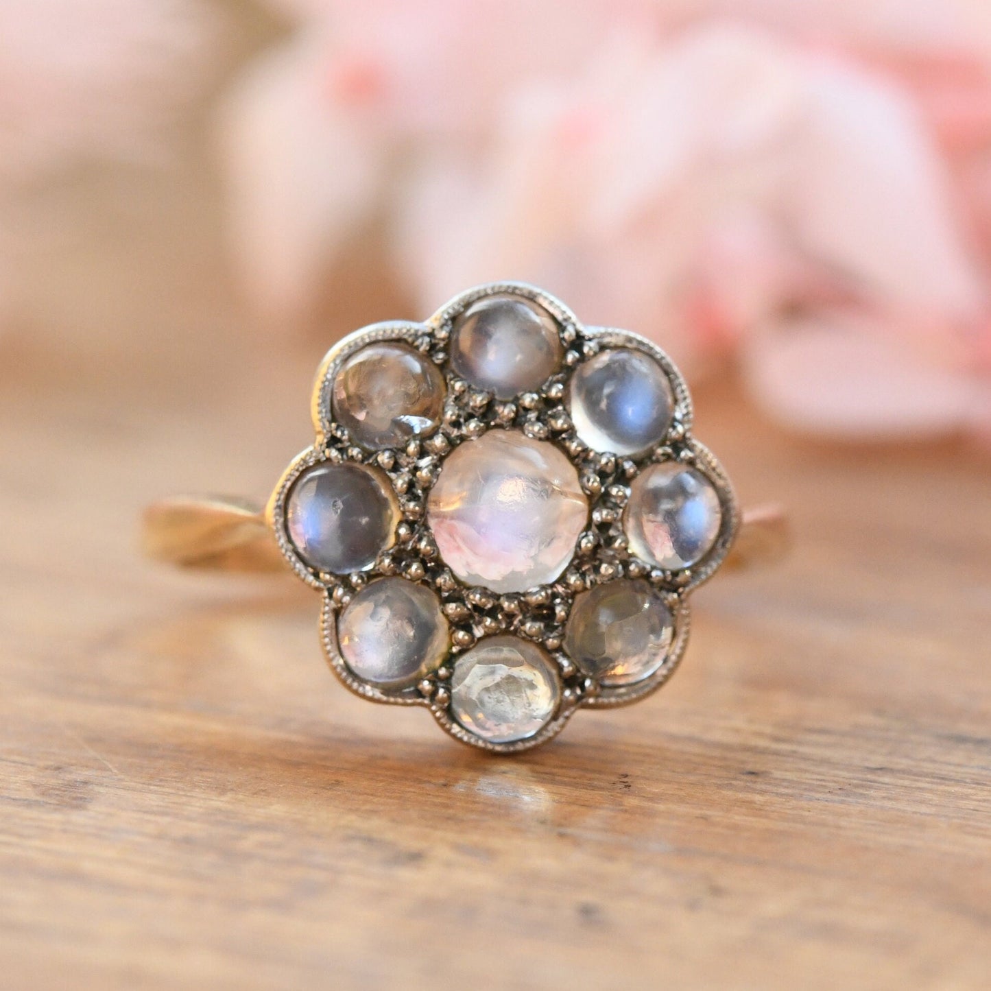 Antique 9ct Gold Moonstone Flower Ring - Edwardian Floral Cluster Ring | Statement Cocktail Jewellery | UK Size - P | US Size - 7 1/2