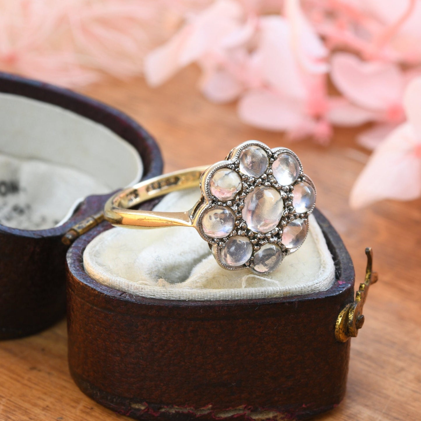 Antique 9ct Gold Moonstone Flower Ring - Edwardian Floral Cluster Ring | Statement Cocktail Jewellery | UK Size - P | US Size - 7 1/2