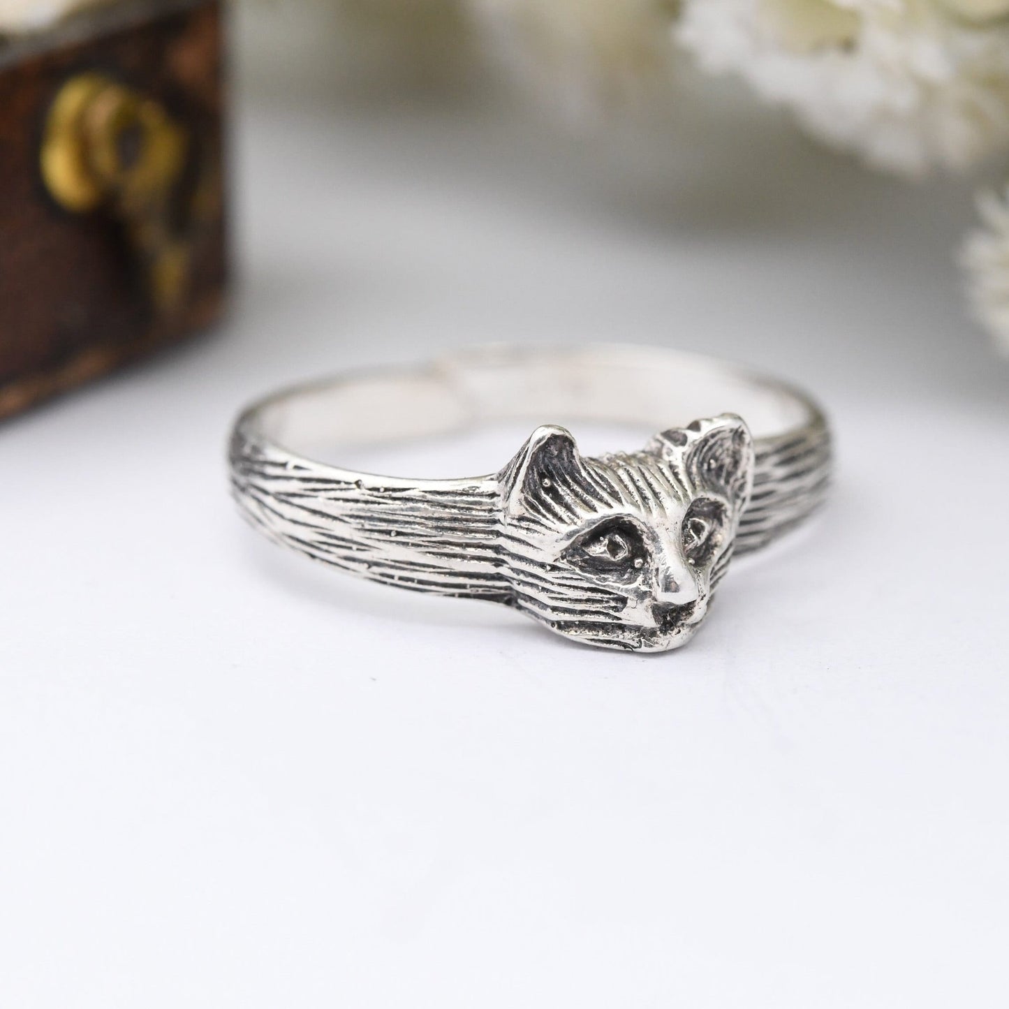 Vintage Sterling Silver Cat Face Ring - Novelty Animal Jewellery | Adjustable Size UK Size - N | US Size - 6 3/4