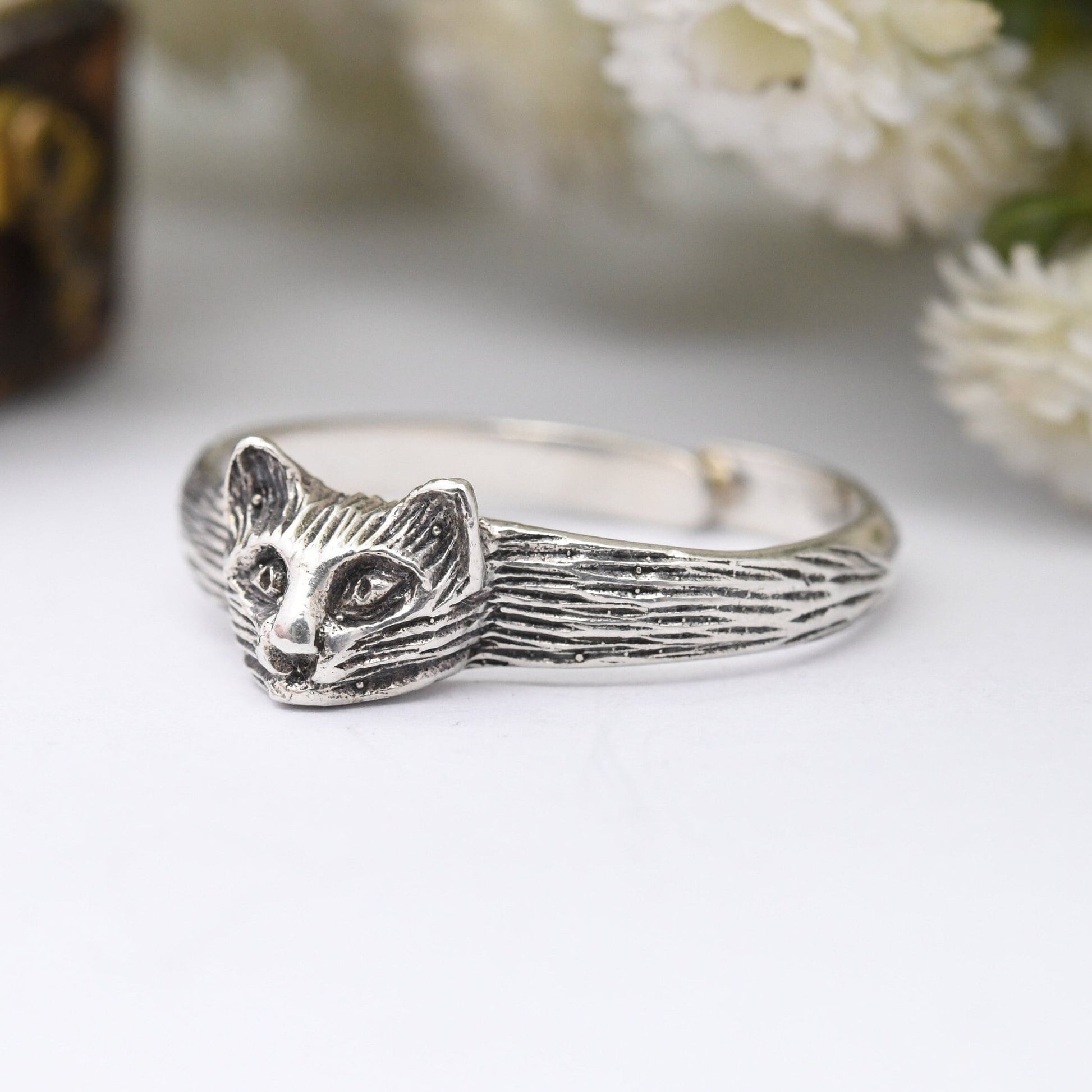 Vintage Sterling Silver Cat Face Ring - Novelty Animal Jewellery | Adjustable Size UK Size - N | US Size - 6 3/4