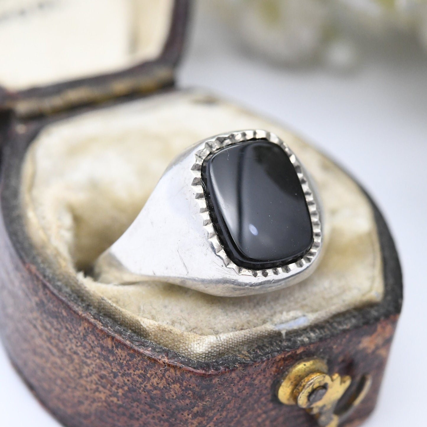 Vintage Sterling Silver Onyx Signet Ring - Black Gemstone Unisex Jewellery | UK Size - Q | US Size - 8