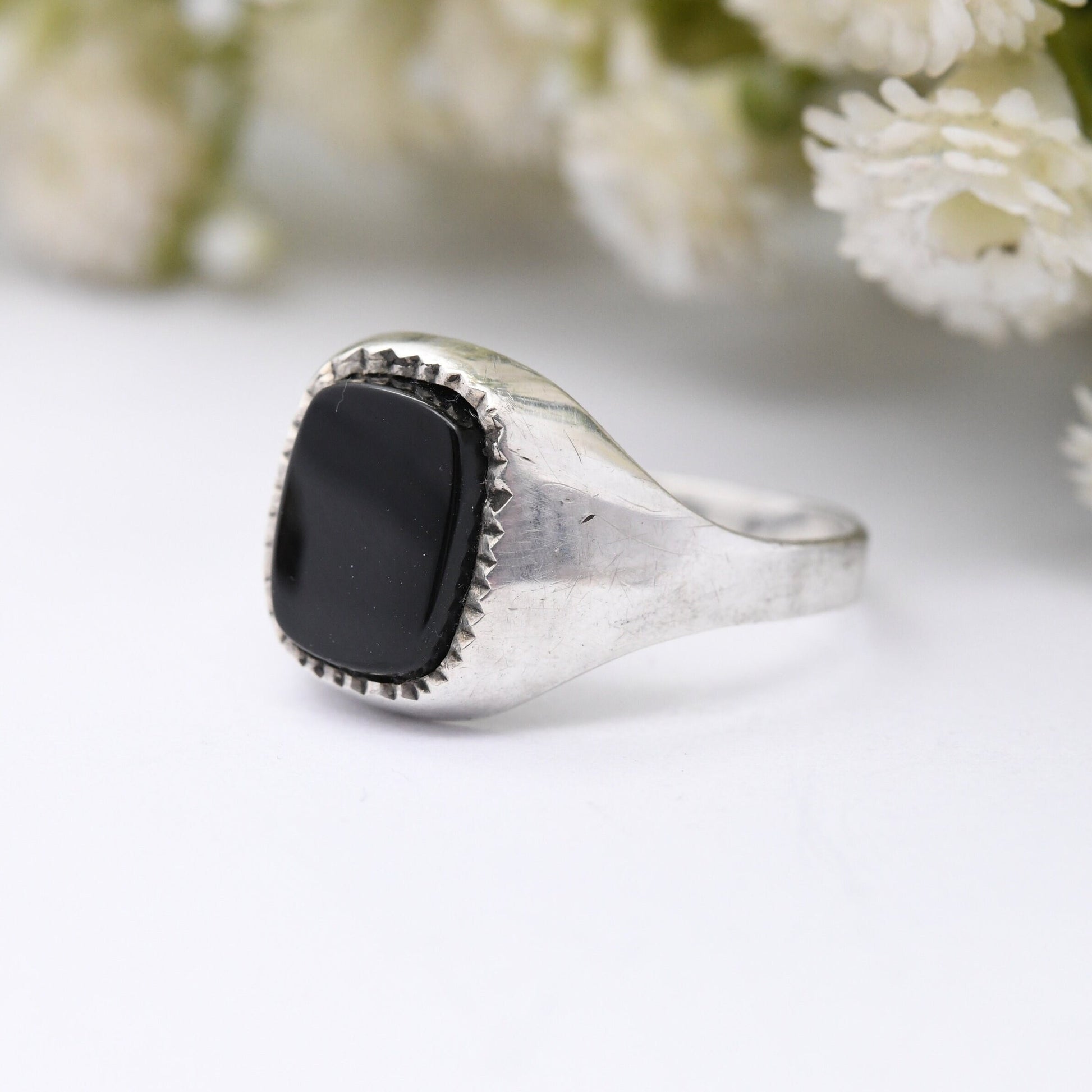 Vintage Sterling Silver Onyx Signet Ring - Black Gemstone Unisex Jewellery | UK Size - Q | US Size - 8