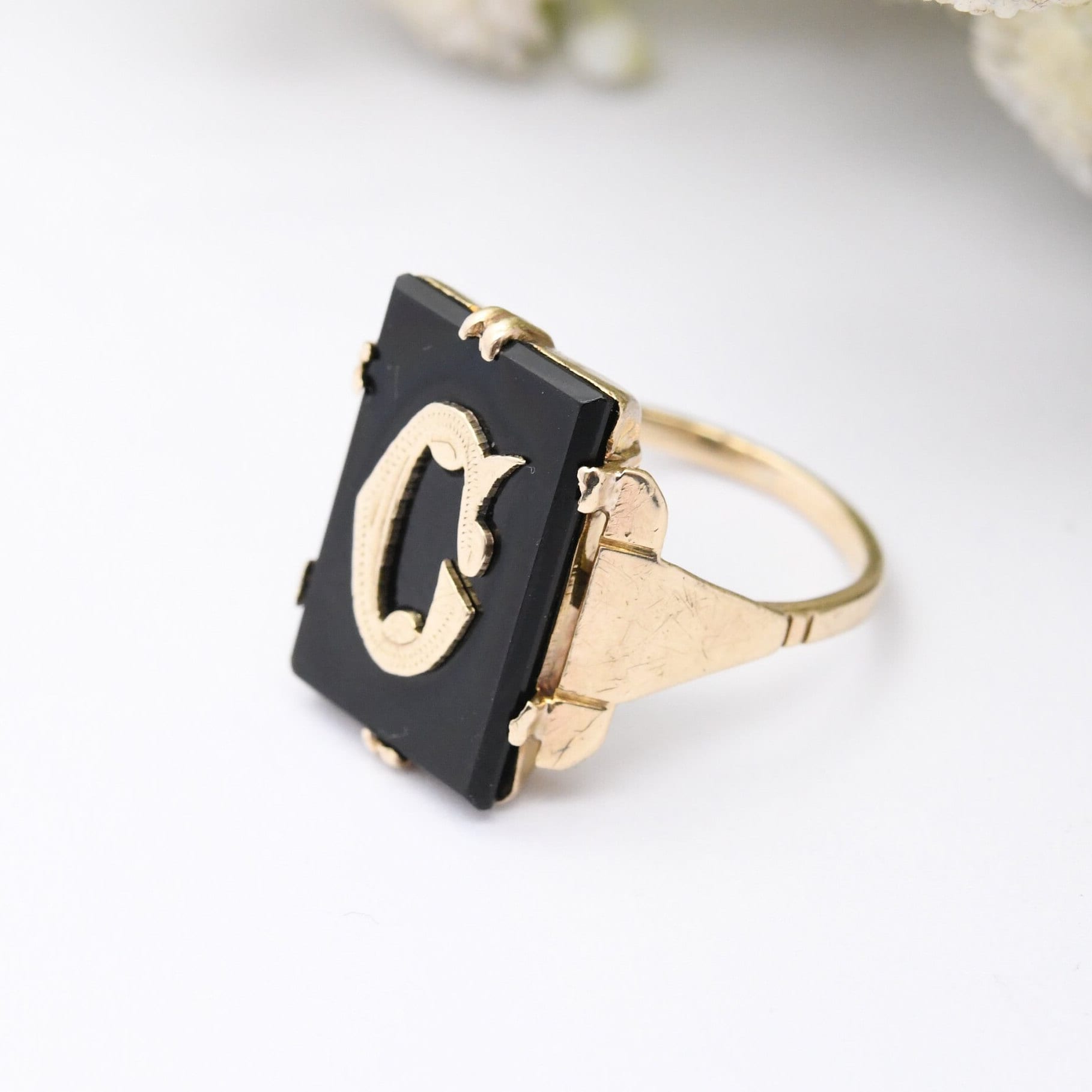 Vintage 9ct Gold Onyx Monogram Ring Letter C - Gold and Black Signet Ring | UK Size - L | US Size - 5 3/4