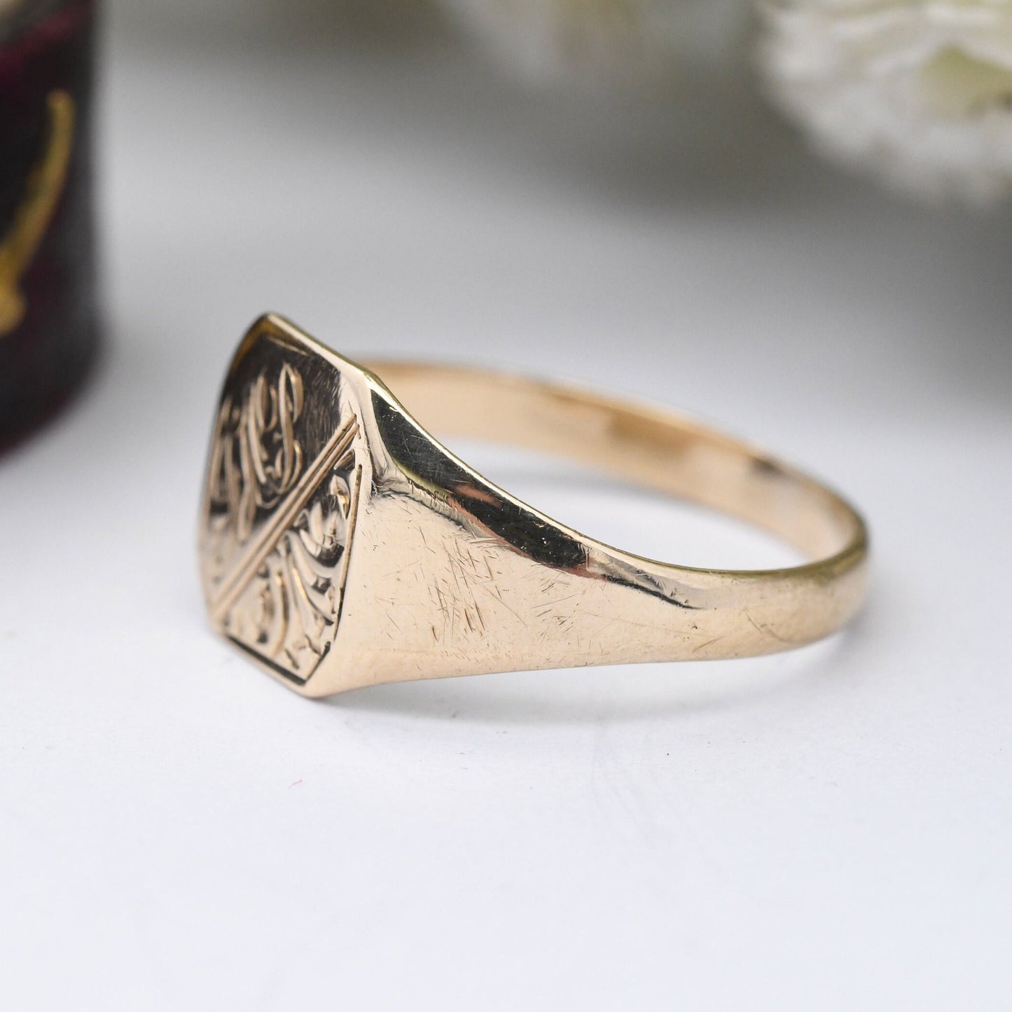 Vintage 9ct Gold Signet Ring 1961 - Mid-Century Monogram Initial Ring Engraved | Men's Pinkie Ring | UK Size - M | US Size - 6 1/4