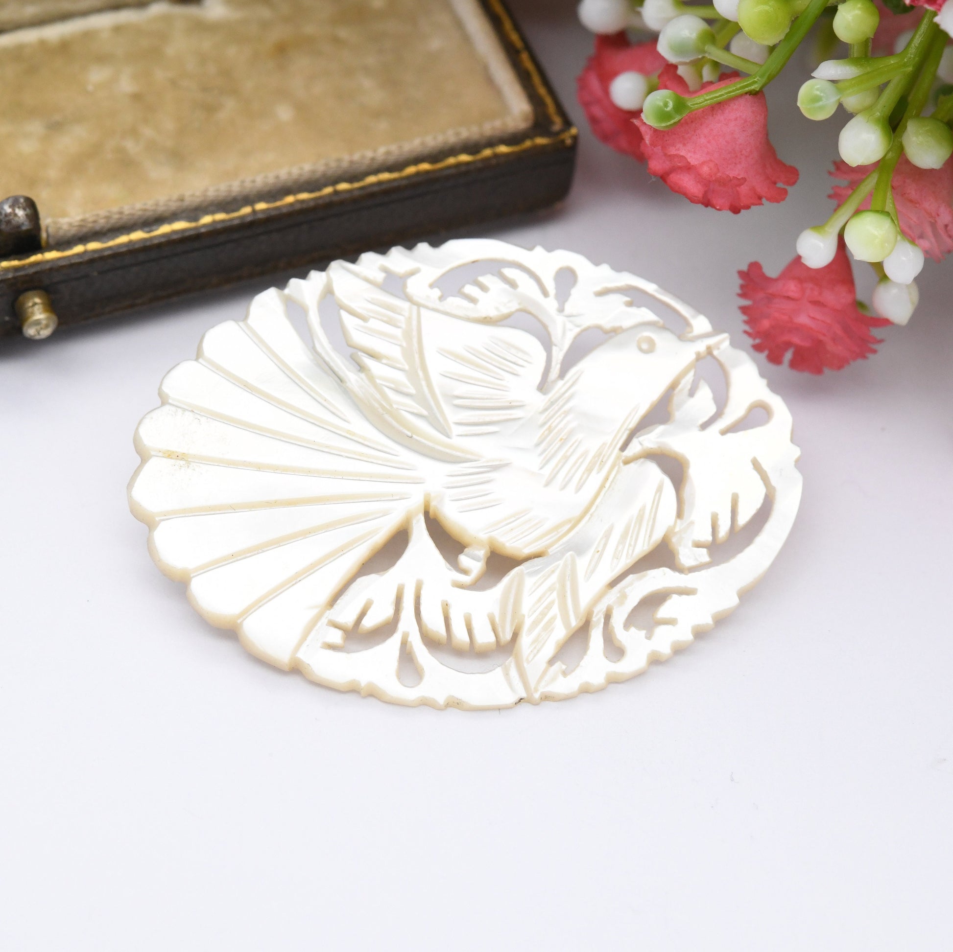 Vintage Bethlehem Mother of Pearl Brooch with Engraved Bird Design - Ornate Openwork Oval Shape