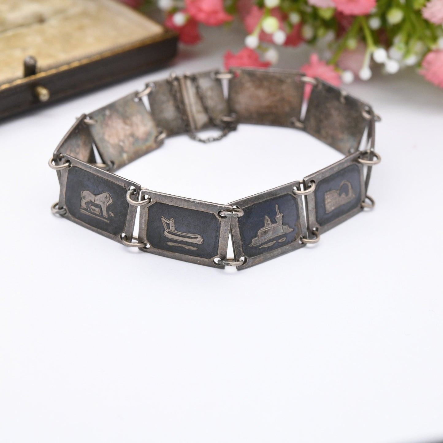 Vintage Egyptian Souvenir Silver Bracelet Engraved Black Niello - Panel Scenes River Nile Camel Palm Trees | Slide Clasp and Safety Chain