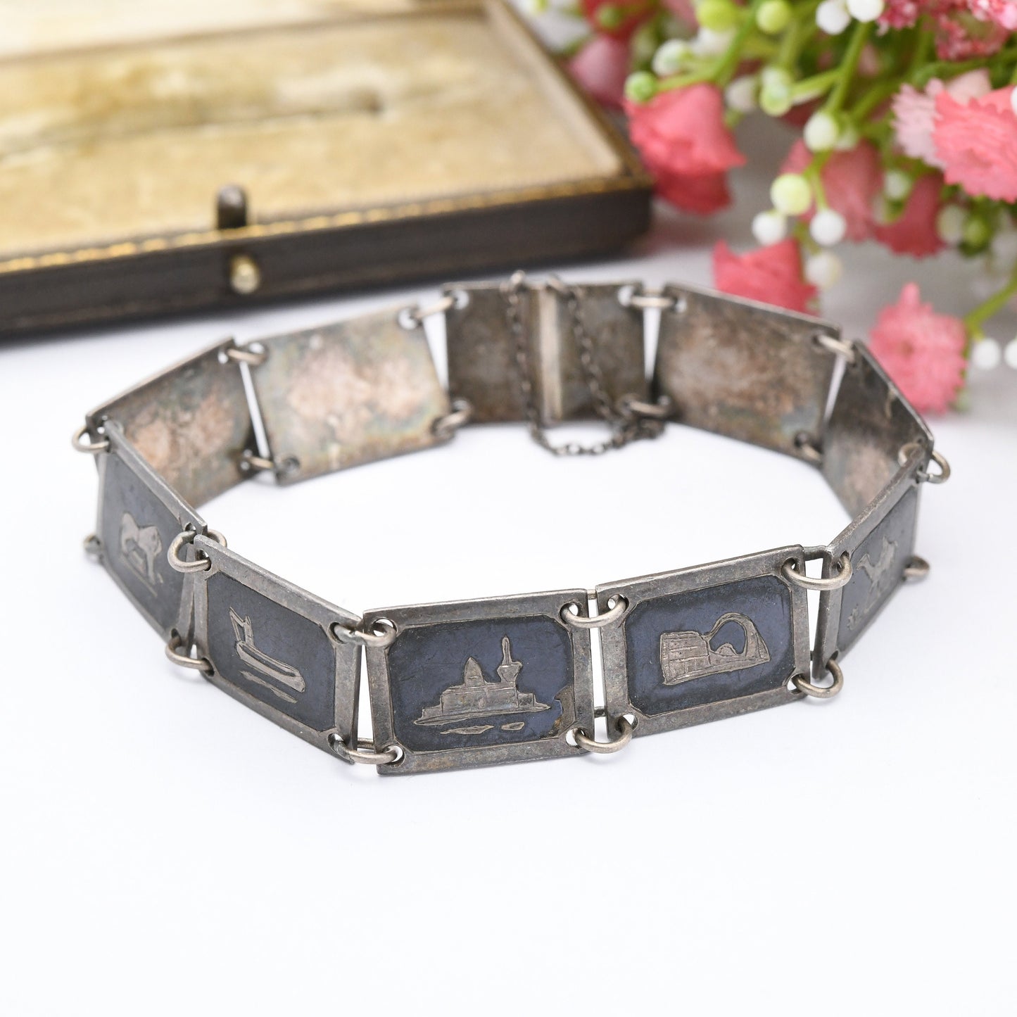 Vintage Egyptian Souvenir Silver Bracelet Engraved Black Niello - Panel Scenes River Nile Camel Palm Trees | Slide Clasp and Safety Chain