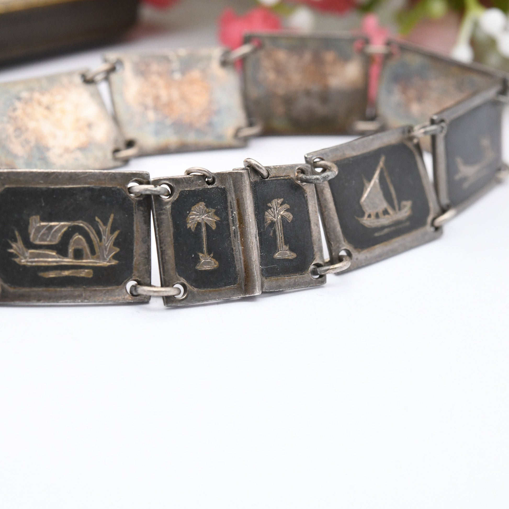 Vintage Egyptian Souvenir Silver Bracelet Engraved Black Niello - Panel Scenes River Nile Camel Palm Trees | Slide Clasp and Safety Chain