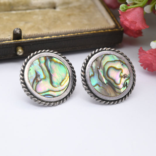 Vintage Sterling Silver Abalone Shell Stud Earrings - Large Statement Studs | Blue Paua Shell | Silver Rope Twist Design